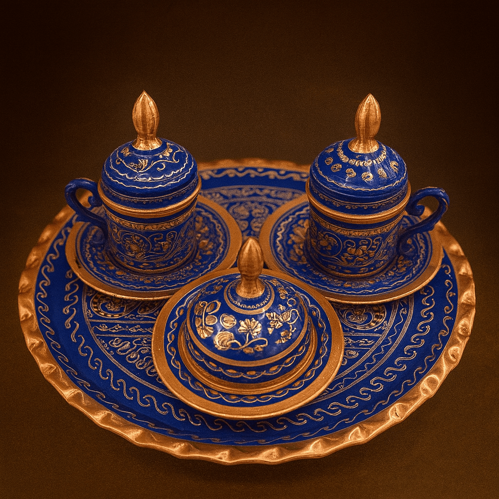 2 Kişilik Tepsili Mavi Erzincan Desenli Bakır El İşlemeli Kahve Fincanı Takımı | Luxury Turkish Tea Set - Kahve Fincanı | DUKKANI ISTANBUL