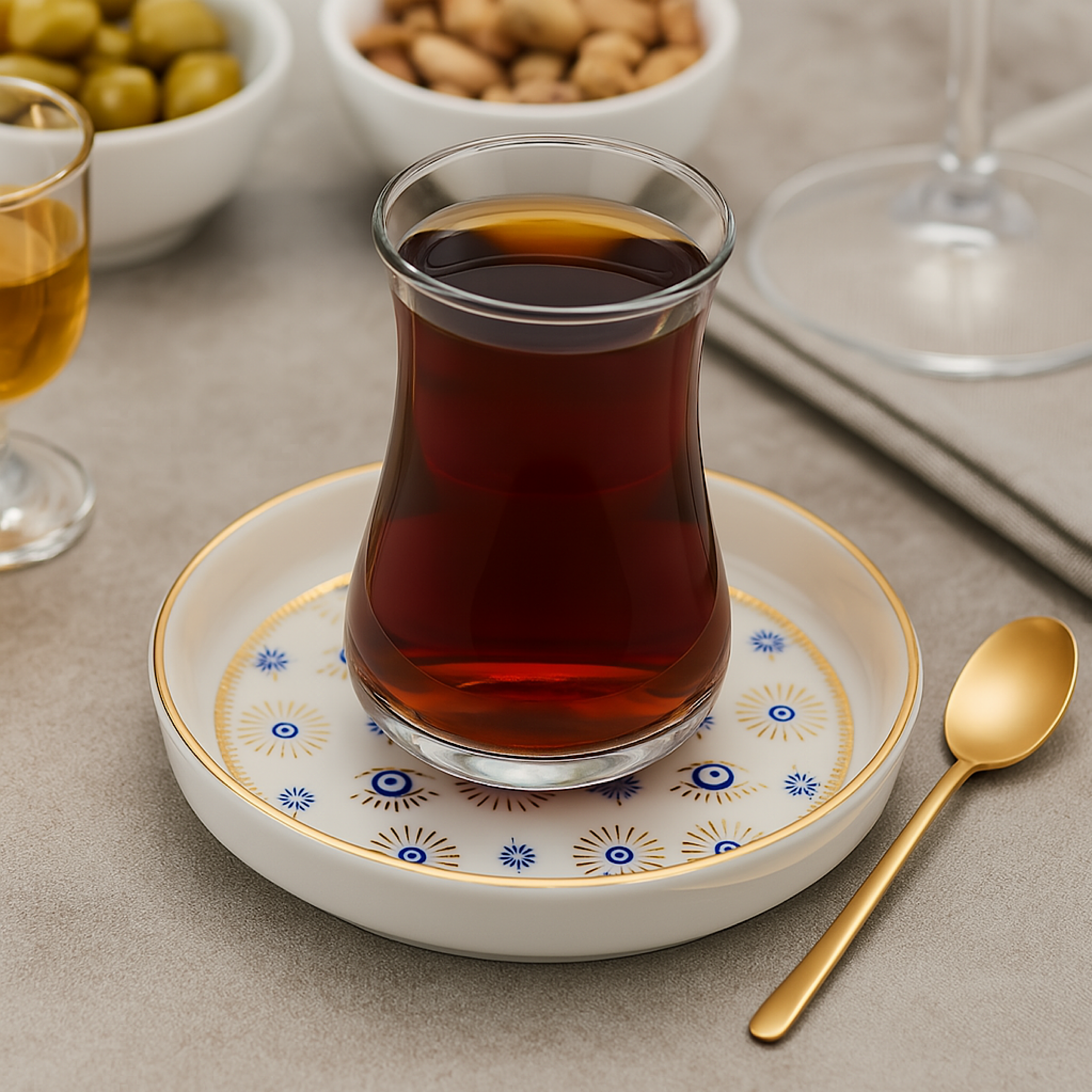Evil Eye Beaded Tea Glass Set for 6 Persons Shiny Gold Evil Eye Bead