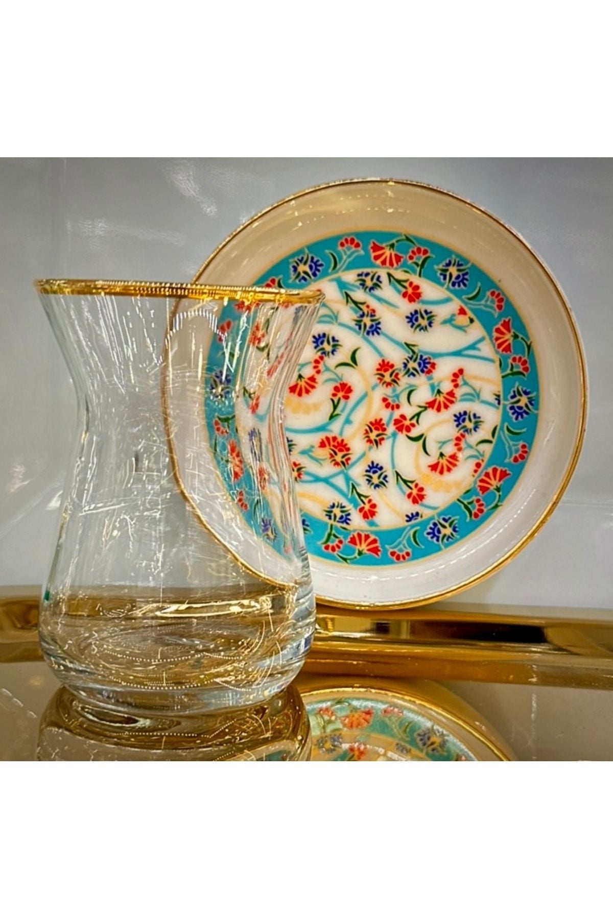 6 Kişilik Ela Sarmaşık Desenli Porselen Çay Seti – Altın Yaldızlı Şık Tasarım | Luxury Turkish Tea Set - Bardak | DUKKANI ISTANBUL