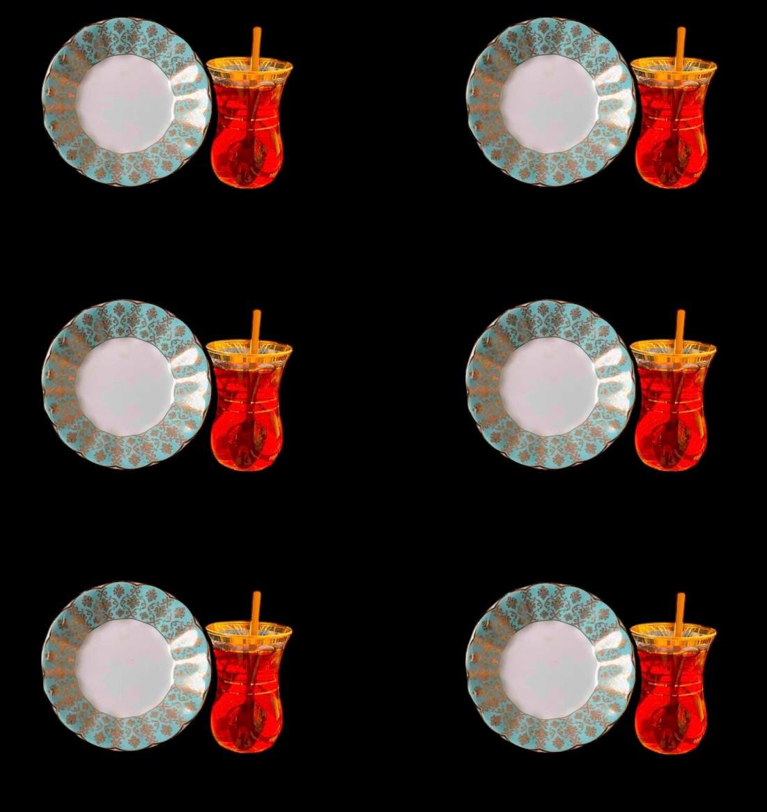 6 Kişilik Geleneksel Çay Bardağı ve Tabağı Kaşıklı set 18 Parça Turkuaz Gold | Luxury Turkish Tea Set - | DUKKANI ISTANBUL