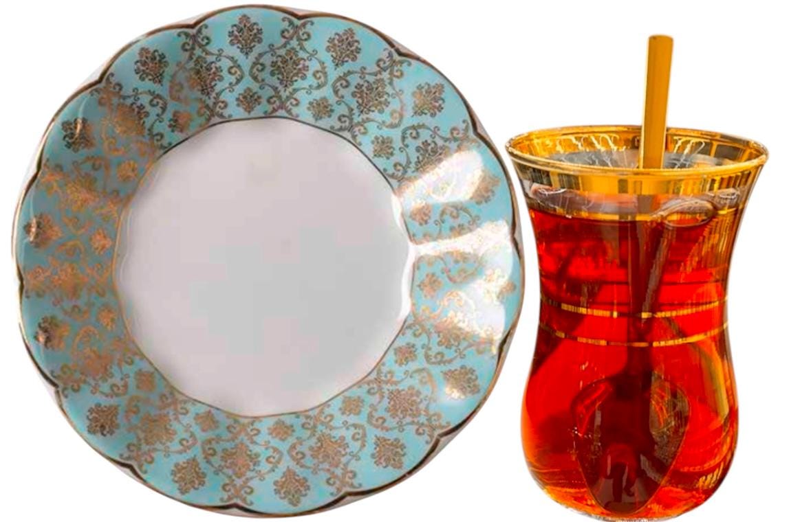 6 Kişilik Geleneksel Çay Bardağı ve Tabağı Kaşıklı set 18 Parça Turkuaz Gold | Luxury Turkish Tea Set - | DUKKANI ISTANBUL
