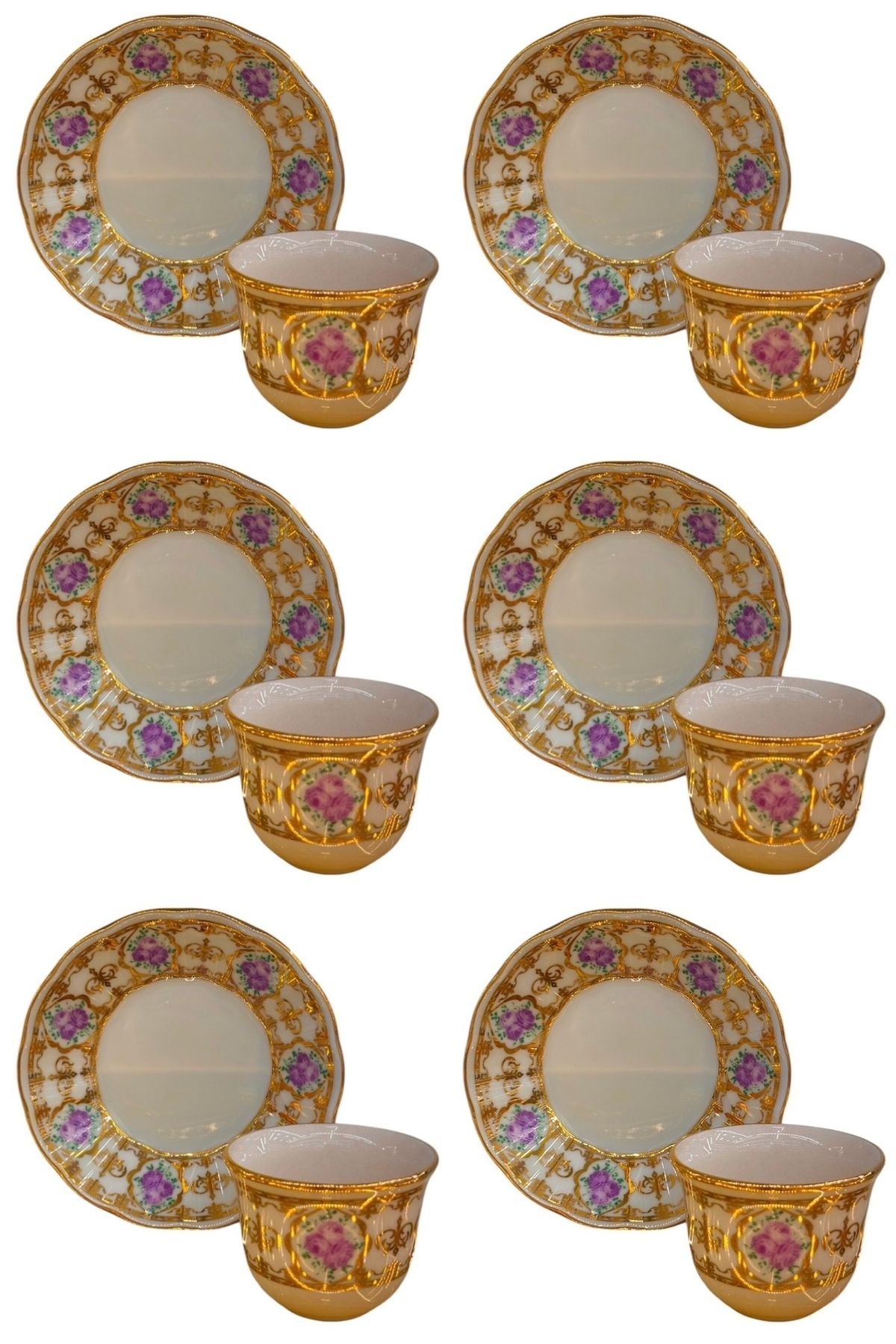 6 Kişilik Pembe Gül Desenli Porselen Çay Tabağı ve Mırra Fincanı Takımı | Luxury Turkish Tea Set - Tabak | DUKKANI ISTANBUL