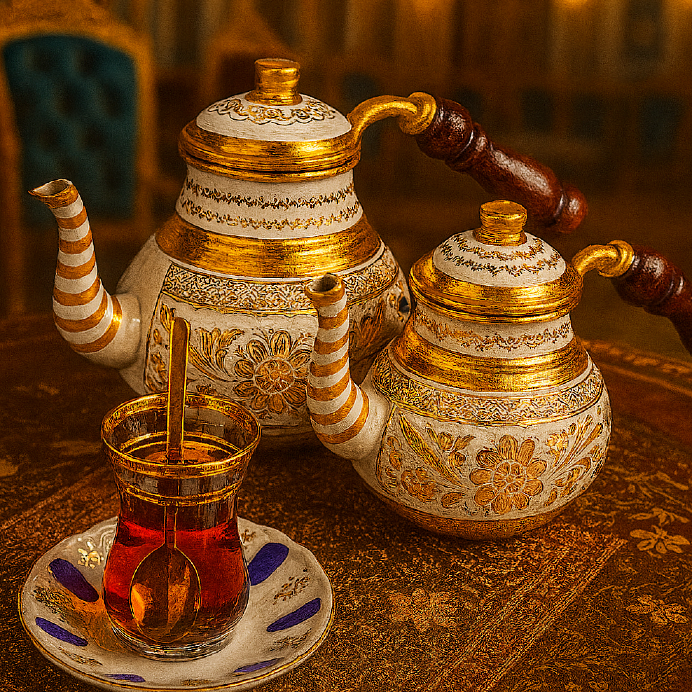إبريق شاي أبيض مطرز على طراز إرزينجان - مصنوع يدويًا بأناقة عثمانية