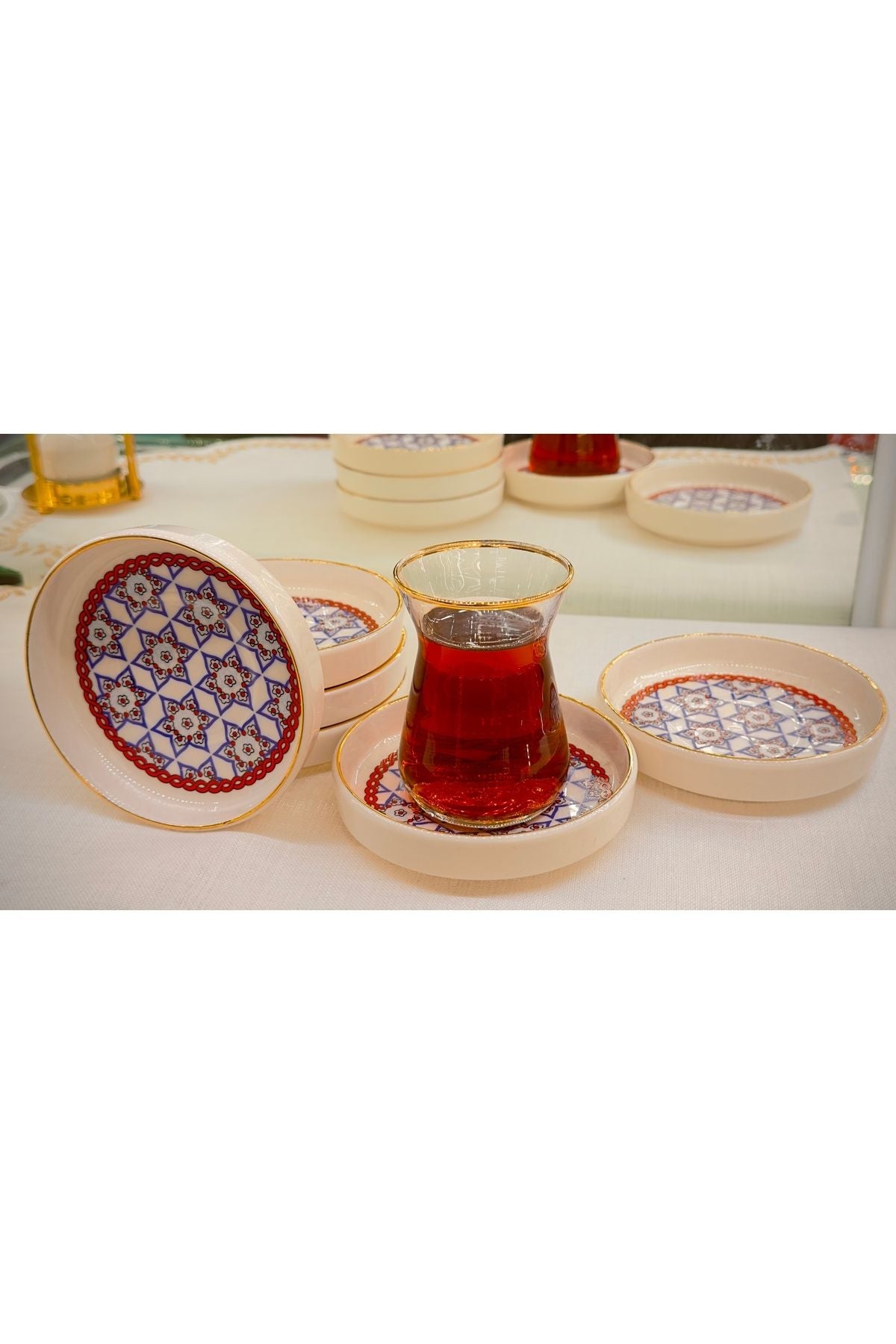 Ela Yıldız Desenli Porselen Çay Seti – 6 Kişilik 12 Parça Zarif Takım | Luxury Turkish Tea Set - Bardak | DUKKANI ISTANBUL