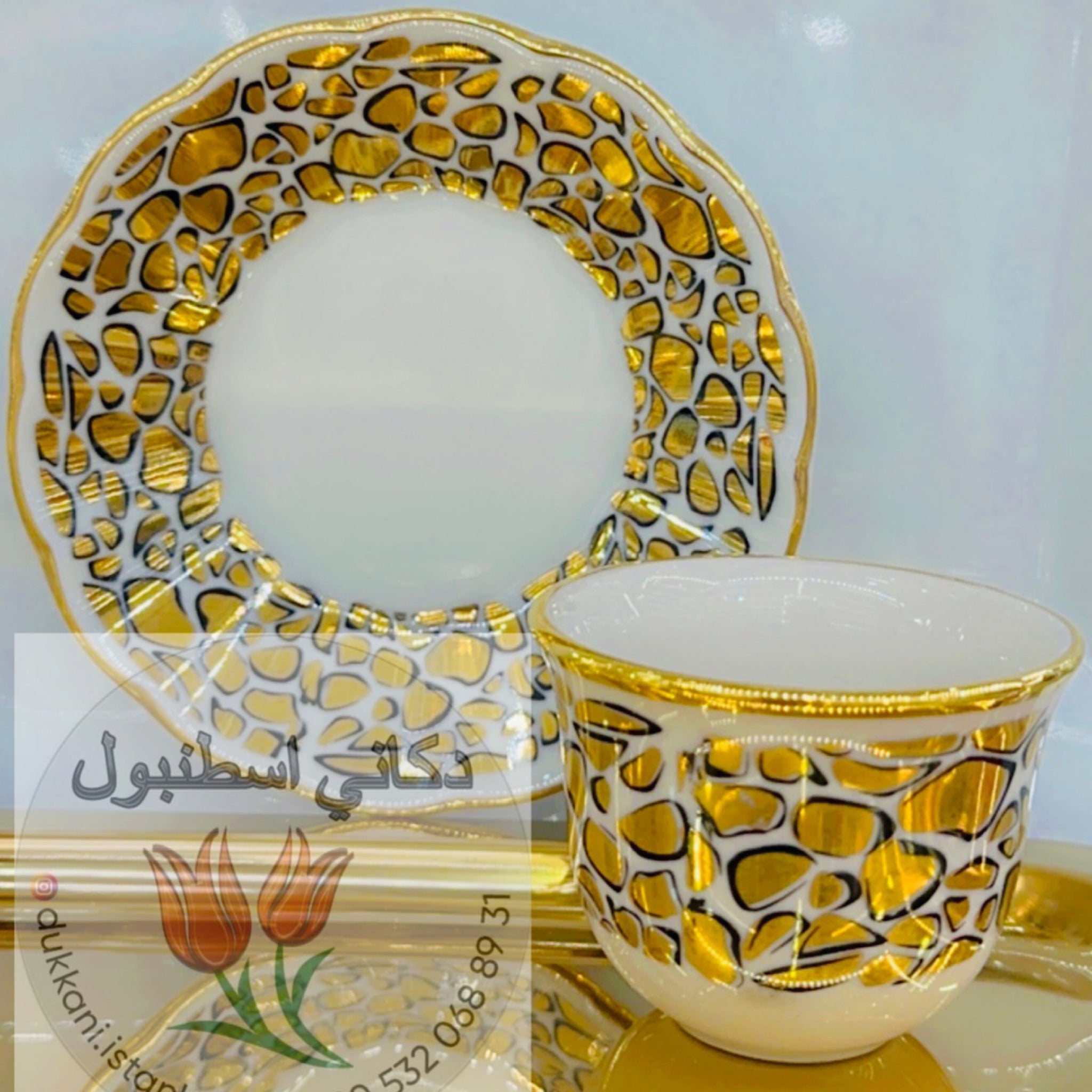 Kaplan Desenli Altın Yaldızlı El İşlemeli Tam Takım Çay ve Mırra Seti – 6 Kişilik | Luxury Turkish Tea Set - Kahvaltı Takımı | DUKKANI ISTANBUL