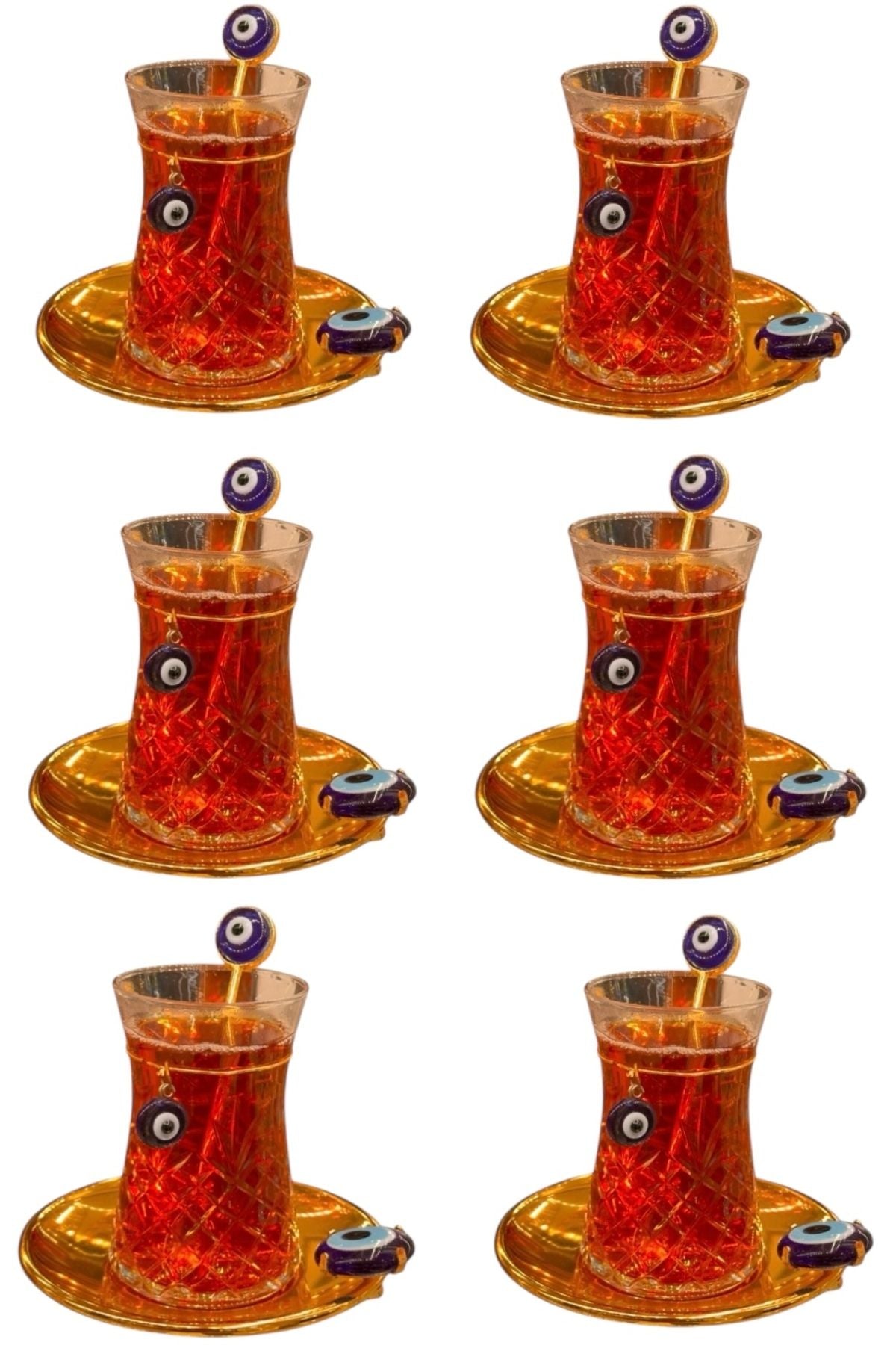 Nazar Boncuklu 18 Parça Altın Renk Doğaltaşlı Bakır Çay Seti – 6 Kişilik | Luxury Turkish Tea Set - Bardak | DUKKANI ISTANBUL