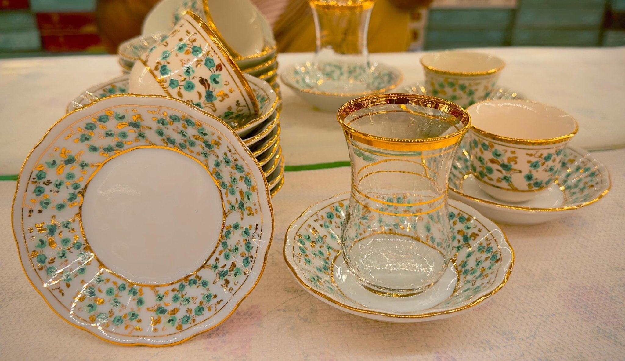 Turkish Turquoise Gold Çay & Kahve Seti – 6 Kişilik Lüks Osmanlı Tarzı | Luxury Turkish Tea Set - | DUKKANI ISTANBUL