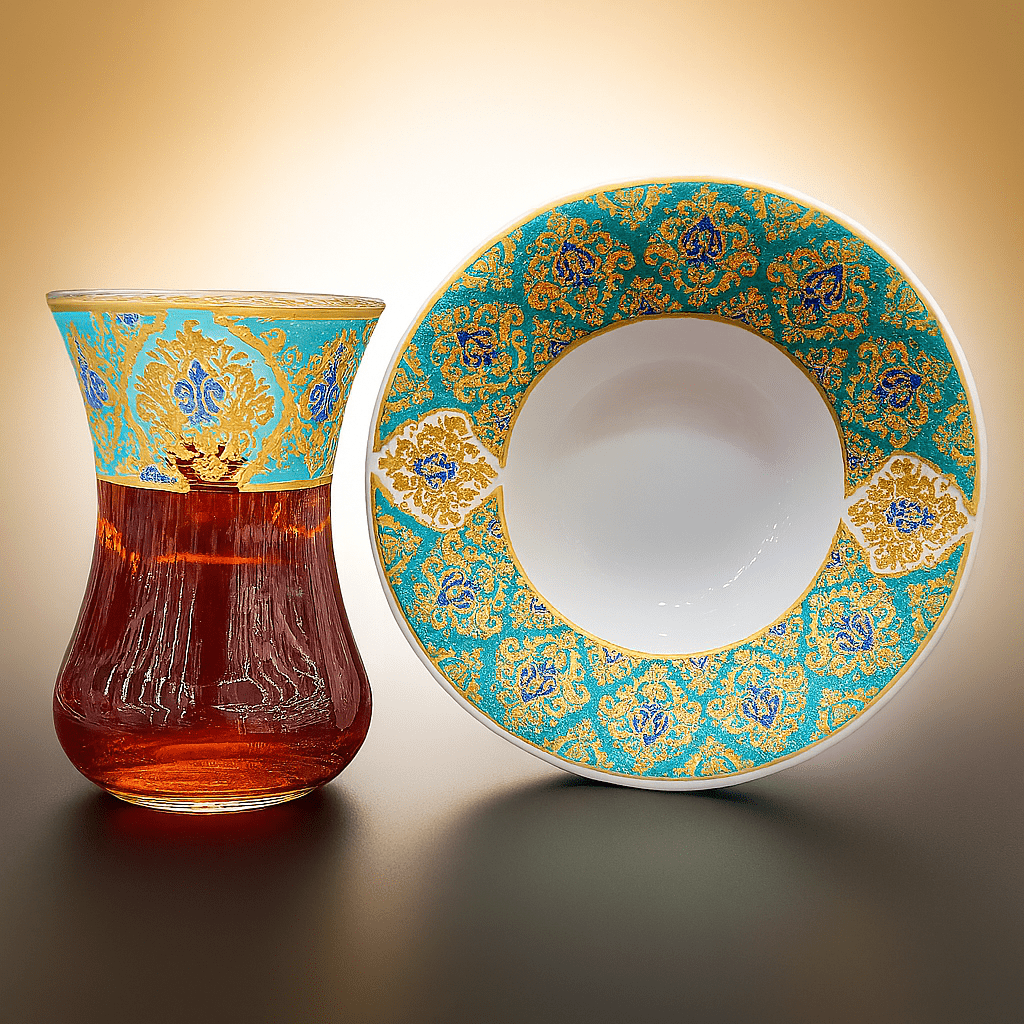 Turkuaz Osmanlı Motifli 6’lı Çay Bardağı Seti – Altın Yaldızlı Lüks Tasarım | Luxury Turkish Tea Set - | DUKKANI ISTANBUL