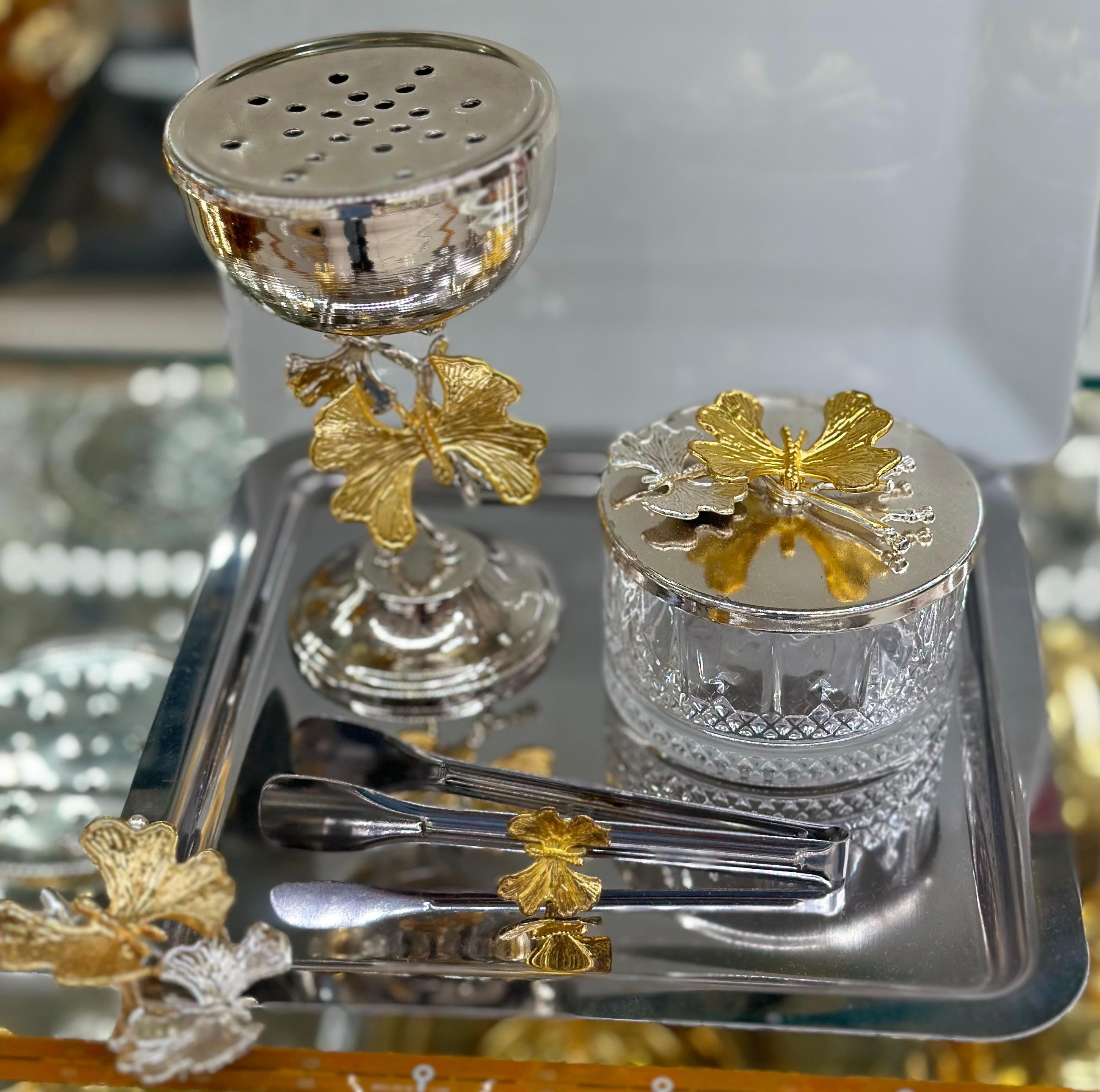 Kelebekli Buhurdanlık Takımı Tepsili Maşalı set Kelebek Gümüş & Gold