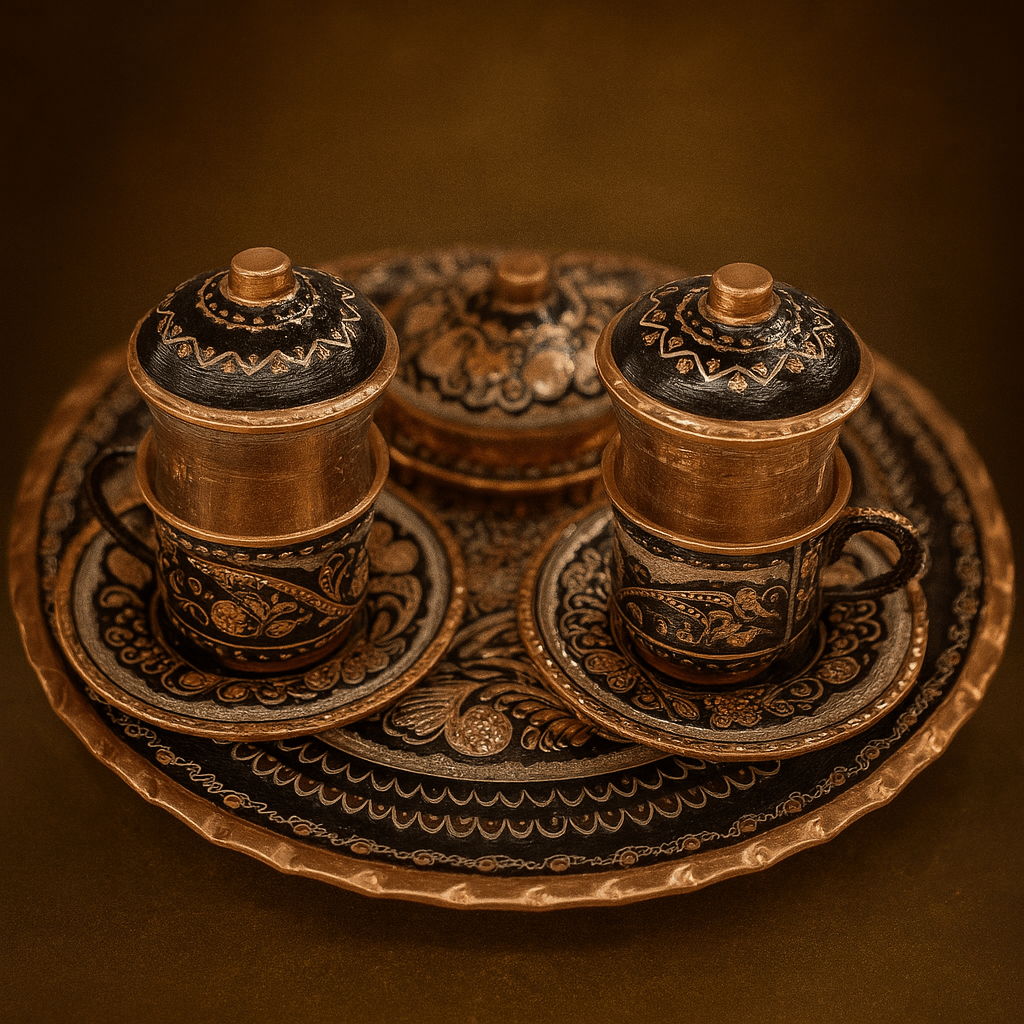 2 Kişilik Siyah Erzincan Desenli Bakır El İşlemeli Çay Takımı | Luxury Turkish Tea Set - Bardak | DUKKANI ISTANBUL