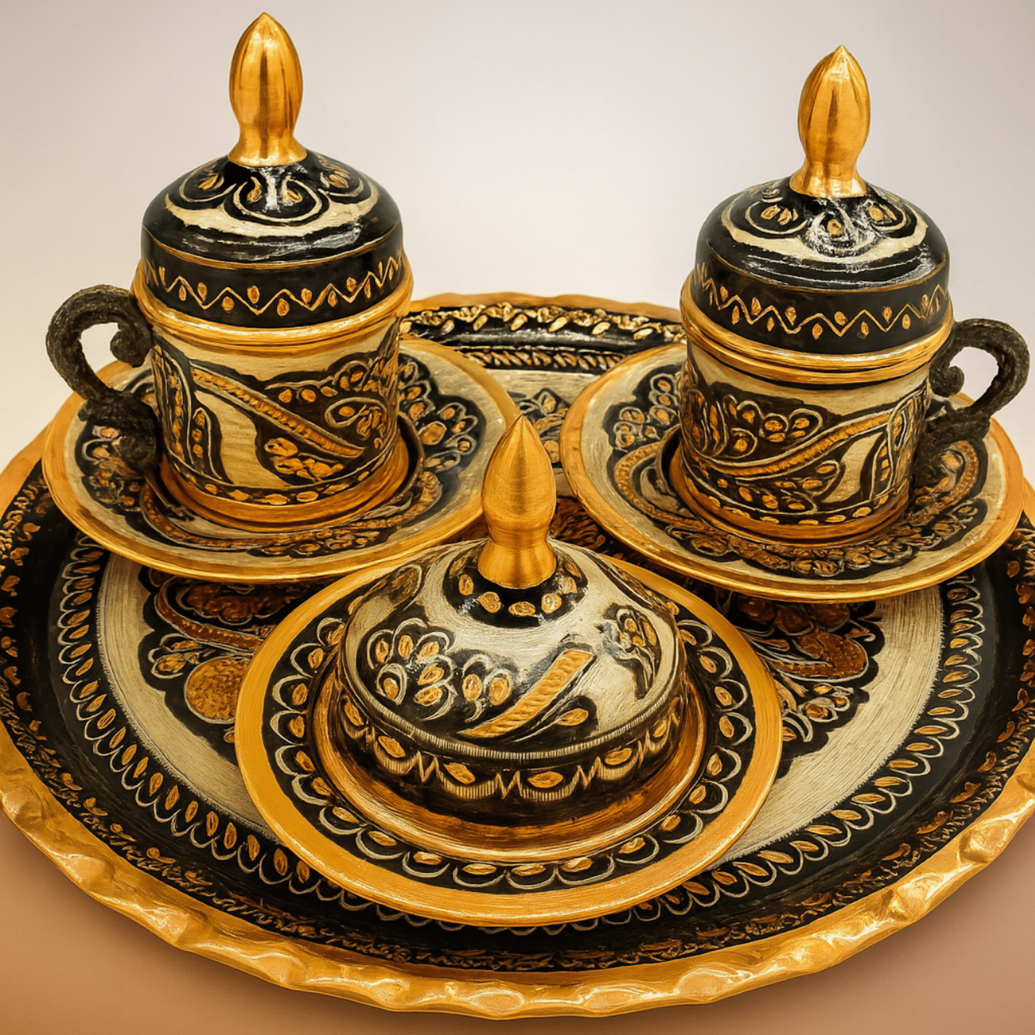 2 Kişilik Tepsili Erzincan Desenli Bakır El İşlemeli Kahve Fincanı Takımı | Luxury Turkish Tea Set - Kahve Fincanı | DUKKANI ISTANBUL