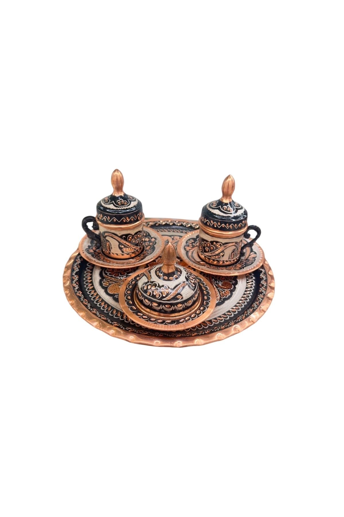 2 Kişilik Tepsili Erzincan Desenli Bakır El İşlemeli Kahve Fincanı Takımı | Luxury Turkish Tea Set - Kahve Fincanı | DUKKANI ISTANBUL