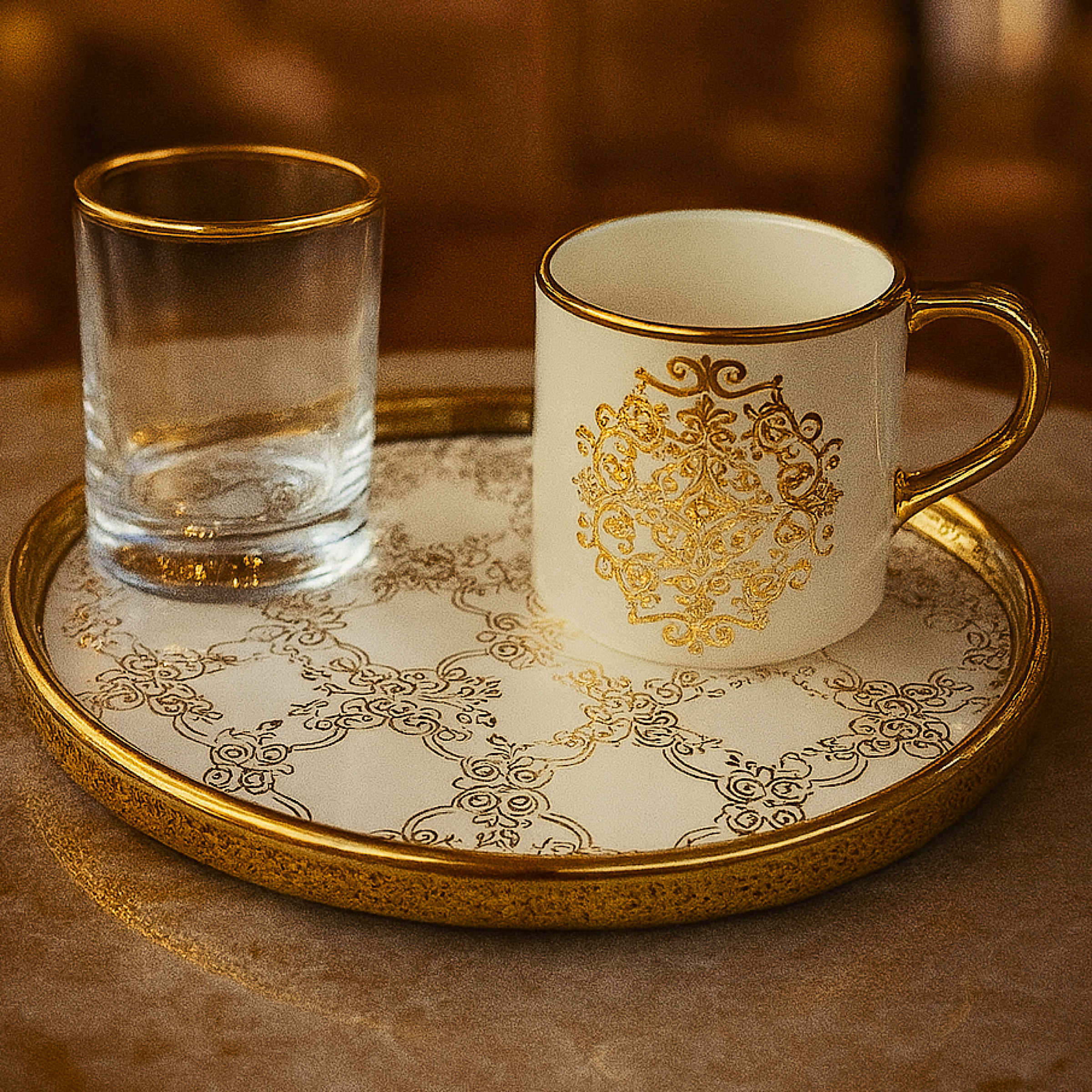 2 Kişilik Yuvarlak Tabaklı Lüks Kahve Sunum Seti - Fincan , Tabak ve Su bardaklı set