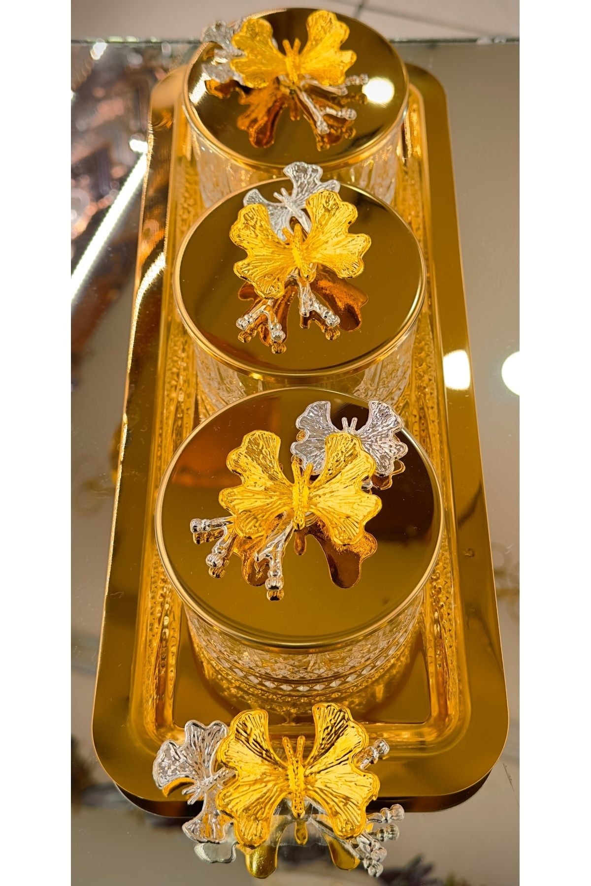 3’lü Altın Detaylı Kelebek Figürlü Cam Çerezlik Seti – Tepsili | Luxury Turkish Tea Set - Dekoratif Tabak & Kase | DUKKANI ISTANBUL