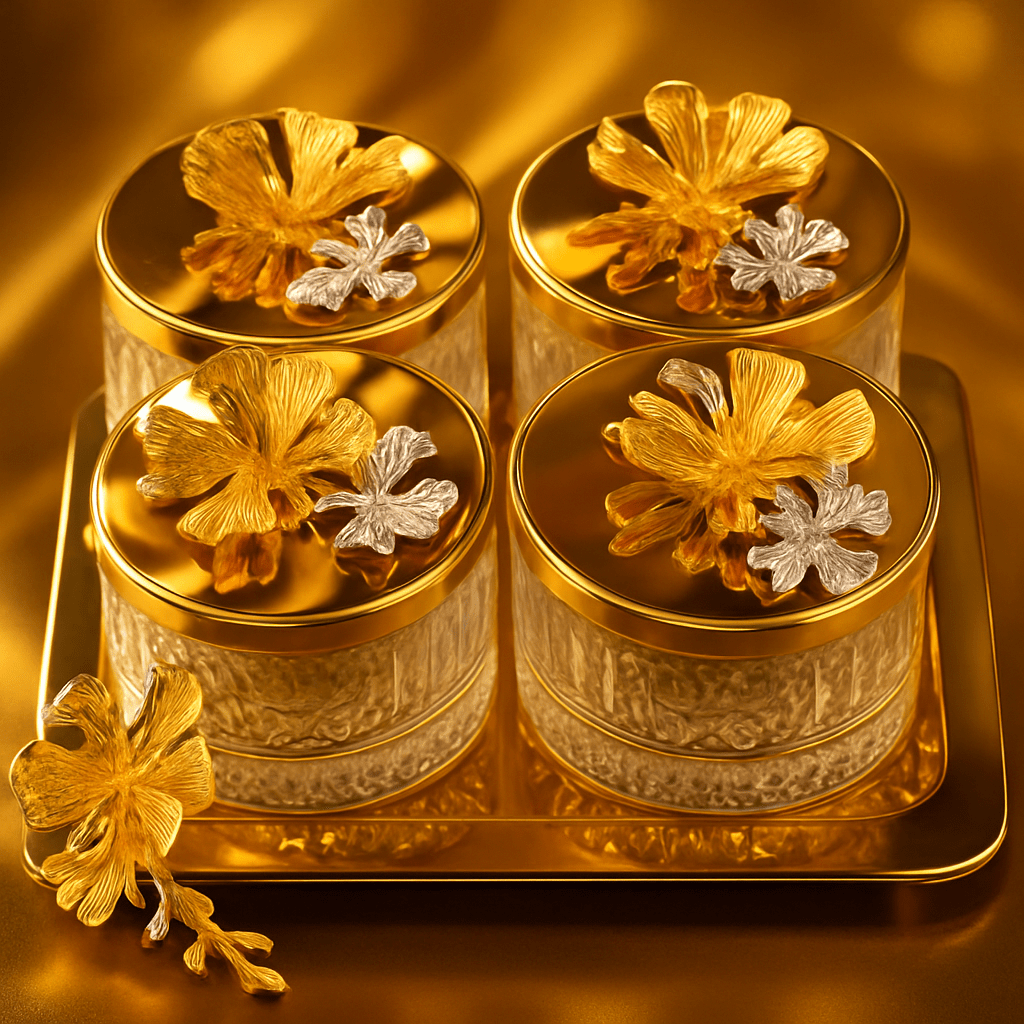 4’lü Altın Detaylı Kelebek Figürlü Cam Çerezlik Seti – Tepsili | Luxury Turkish Tea Set - Dekoratif Tabak & Kase | DUKKANI ISTANBUL