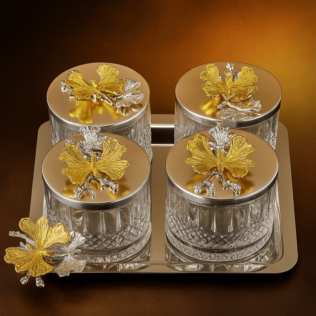4’lü Gümüş Detaylı Kelebek Figürlü Cam Çerezlik Seti – Tepsili | Luxury Turkish Tea Set - Dekoratif Tabak & Kase | DUKKANI ISTANBUL