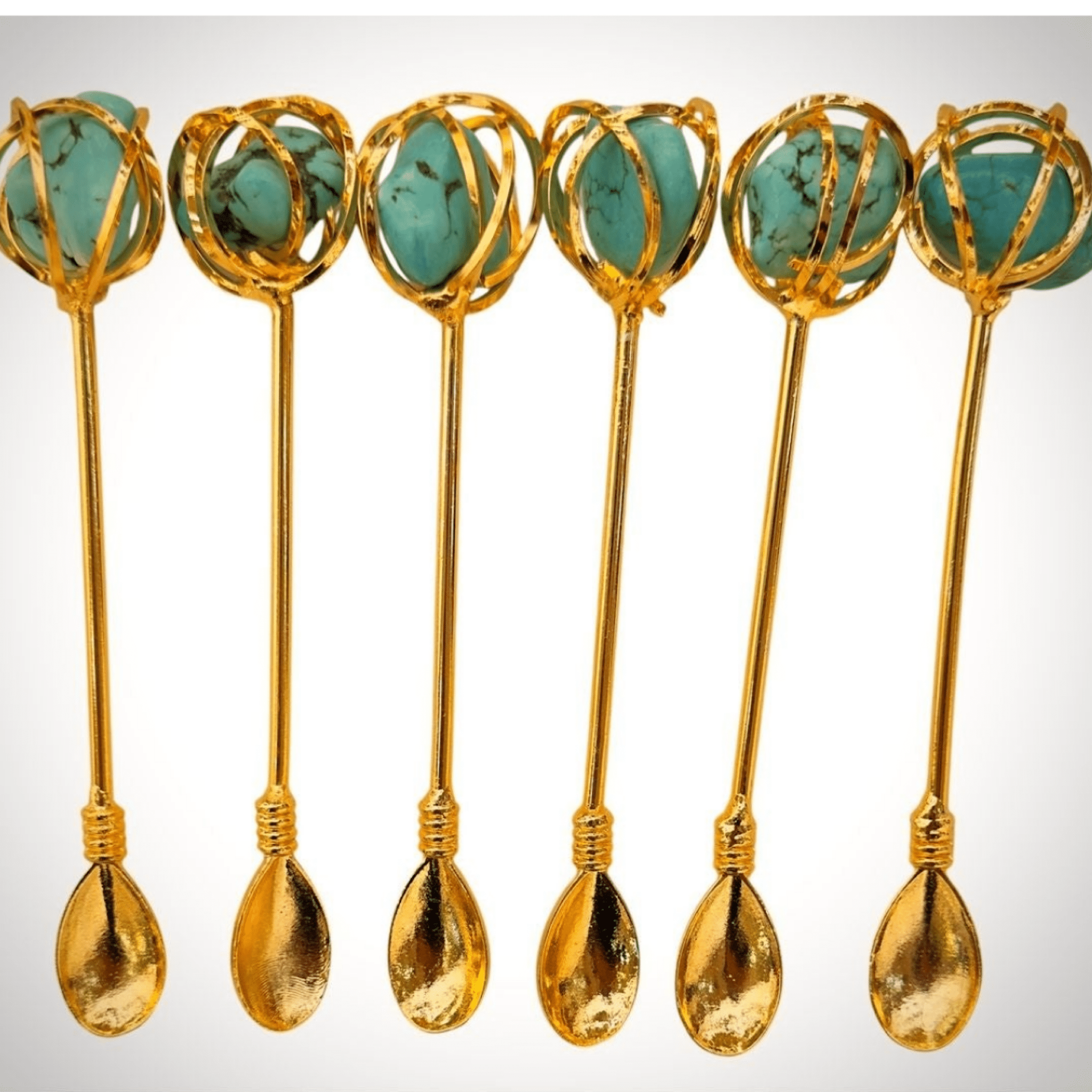 6 Kişilik Ametist Doğal Taşlı Bakır Çay Kaşığı Seti – Altın Renk Detaylı El Yapımı Tasarım | Luxury Turkish Tea Set - Çatal & Bıçak & Kaşık | DUKKANI ISTANBUL
