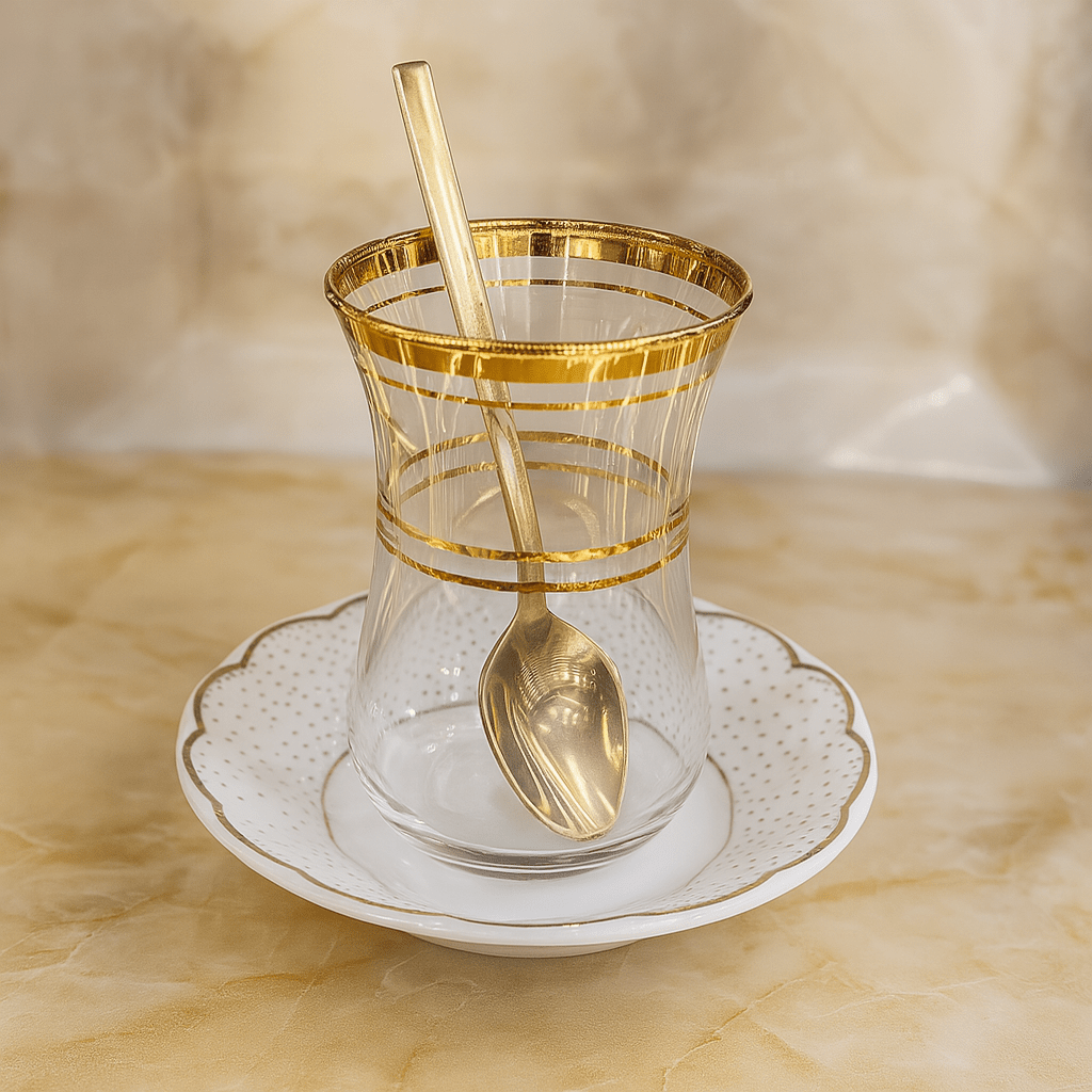 6 kişilik çay bardağı takımı Osmanlı Tuğrası kaşıklı set Gold | Luxury Turkish Tea Set - | DUKKANI ISTANBUL