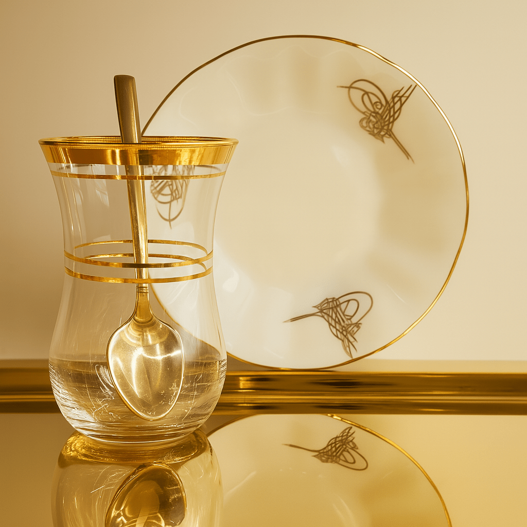 6 kişilik çay bardağı takımı Osmanlı Tuğrası kaşıklı set Gold | Luxury Turkish Tea Set - | DUKKANI ISTANBUL