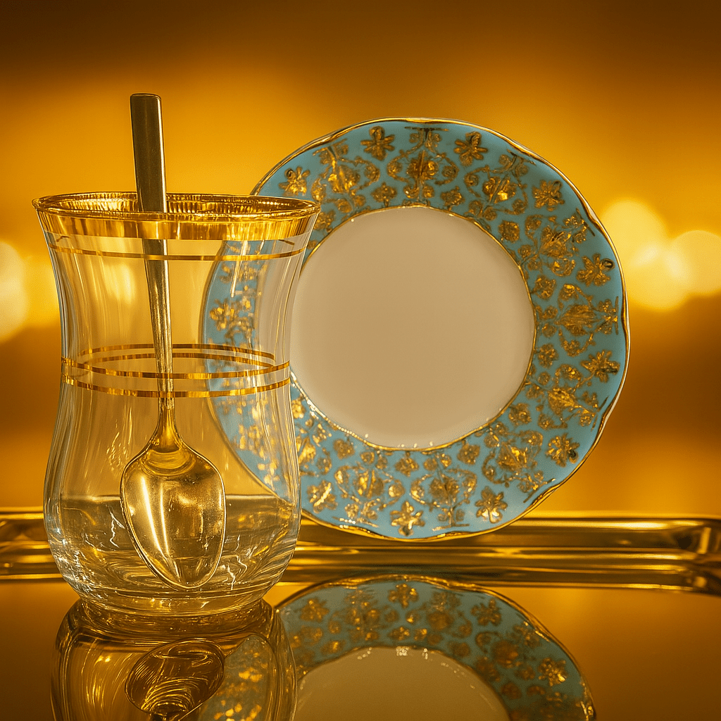 6 Kişilik Geleneksel Çay Bardağı ve Tabağı Kaşıklı set 18 Parça Turkuaz Gold | Luxury Turkish Tea Set - | DUKKANI ISTANBUL