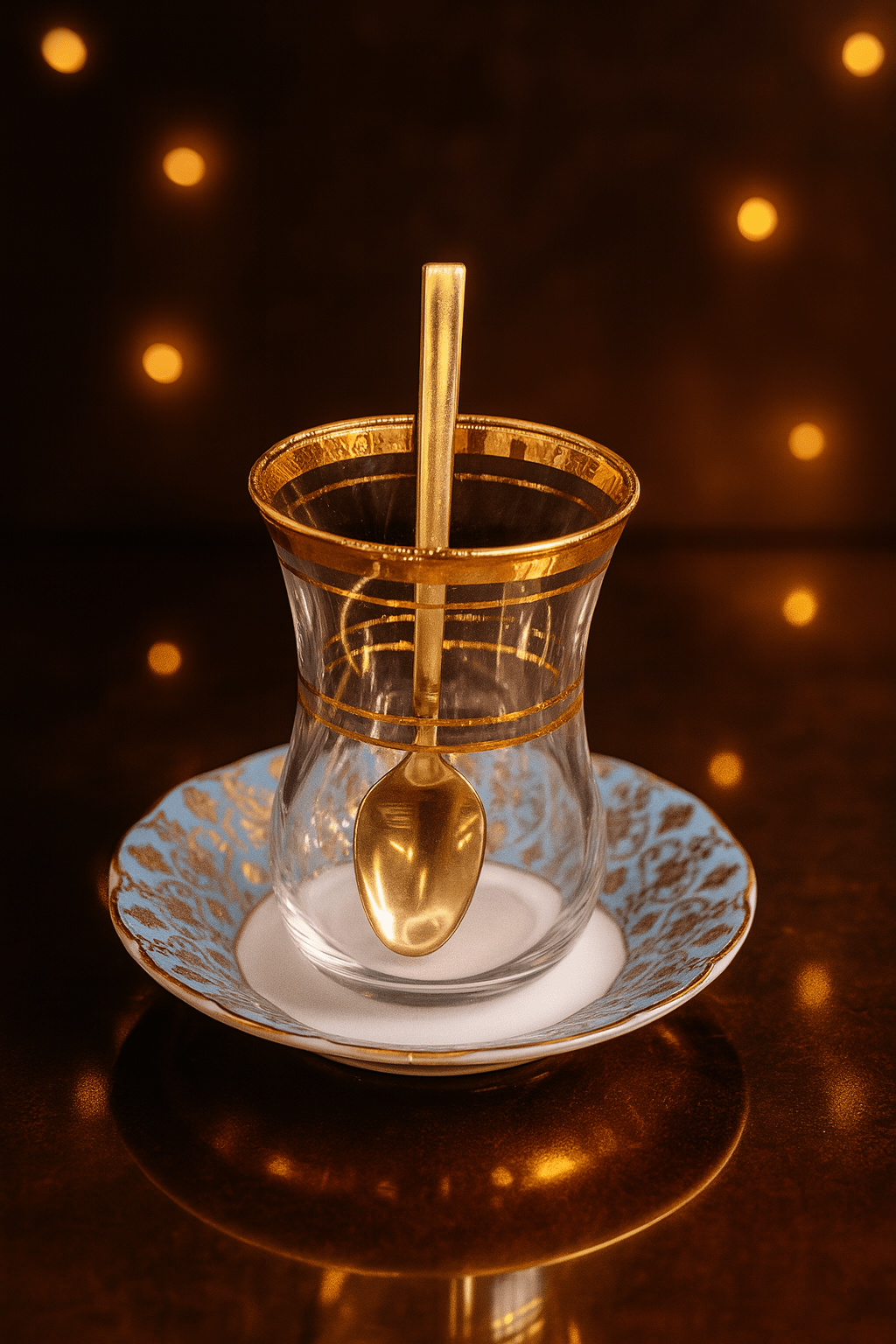 6 Kişilik Geleneksel Çay Bardağı ve Tabağı Kaşıklı set 18 Parça Turkuaz Gold | Luxury Turkish Tea Set - | DUKKANI ISTANBUL