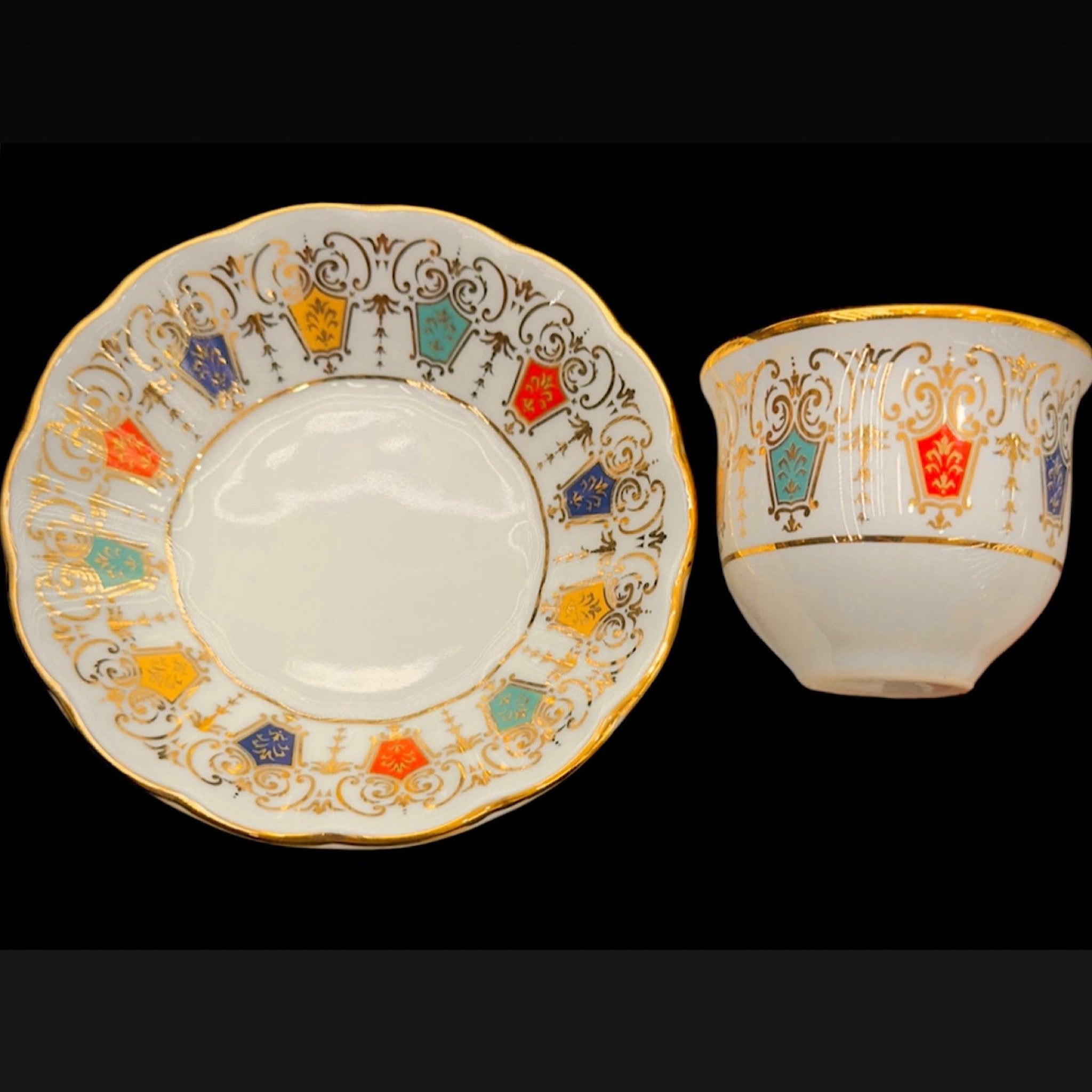 6 Kişilik Kubbe Desenli Renkli Lüks Çay Tabağı ve Mırrâ Fincanı Seti | Osmanlı Tarzı Özel Tasarım | Luxury Turkish Tea Set - | DUKKANI ISTANBUL