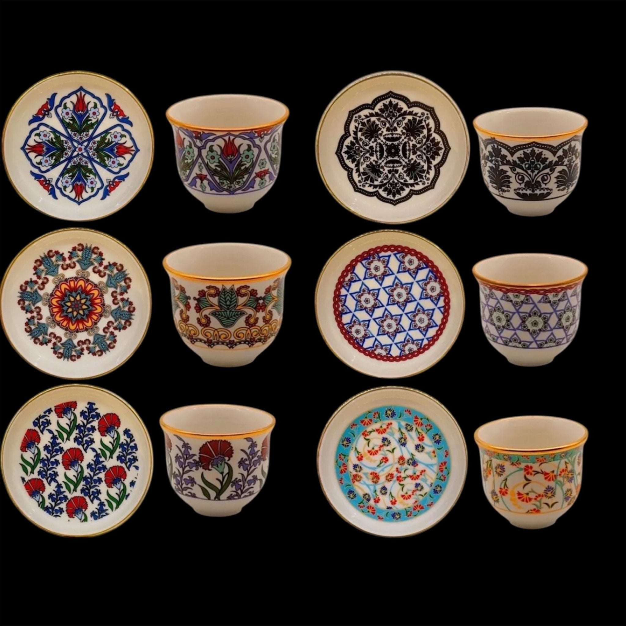 6 Kişilik Mix Desenli Osmanlı Gawa & Çay Tabağı Seti – El Dekorlu Lüks Tasarım | Luxury Turkish Tea Set - Kahve Fincanı | DUKKANI ISTANBUL
