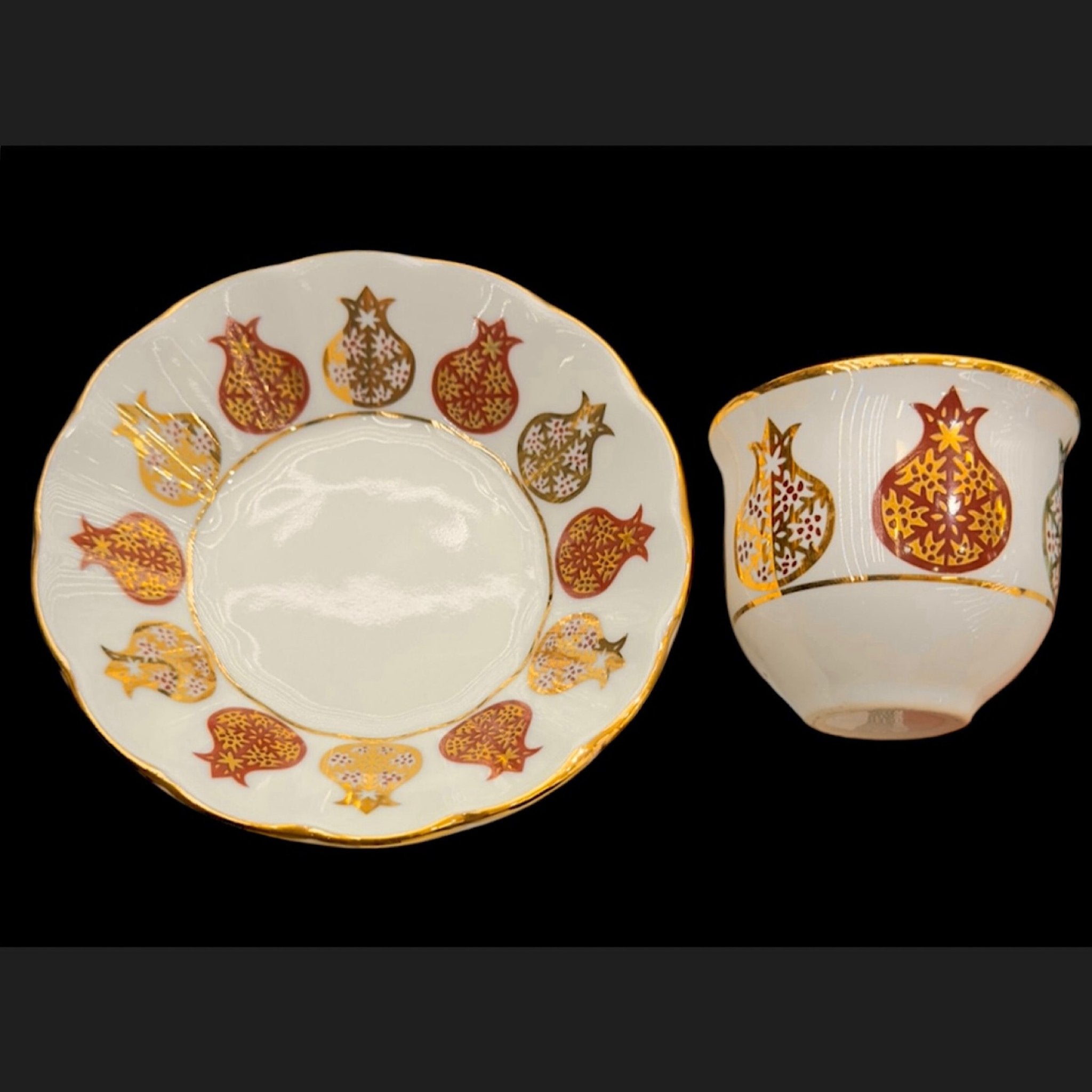 6 Kişilik Nar Desenli Lüks Mırrâ Fincanı ve Çay Tabağı Seti | Altın Yaldızlı Özel Tasarım | Luxury Turkish Tea Set - | DUKKANI ISTANBUL