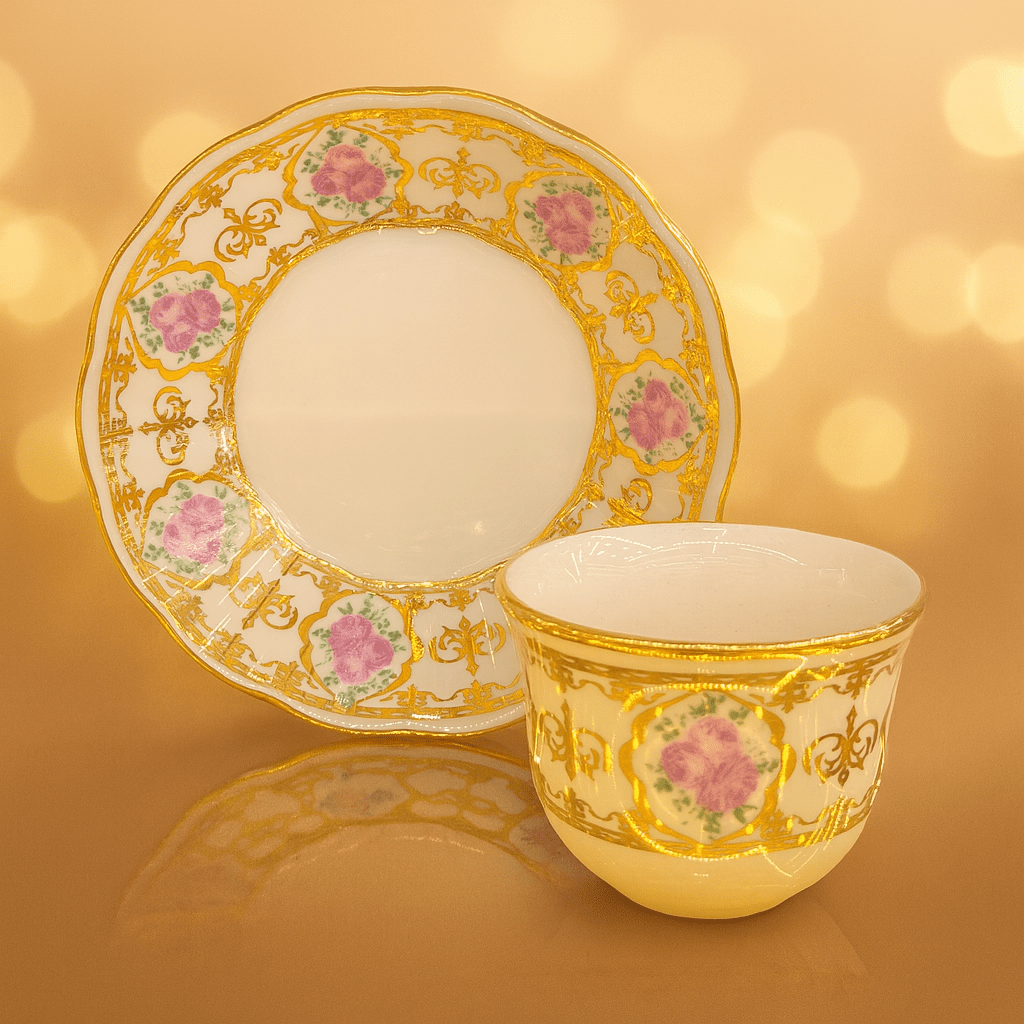 6 Kişilik Pembe Gül Desenli Porselen Çay Tabağı ve Mırra Fincanı Takımı | Luxury Turkish Tea Set - Tabak | DUKKANI ISTANBUL