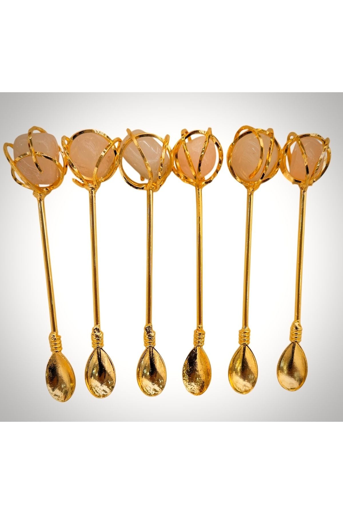 6 Kişilik Pembe Kuvars Doğaltaşlı Çay Kaşığı Seti – Altın Renk Kaplama, El Yapımı | Luxury Turkish Tea Set - Çatal & Bıçak & Kaşık | DUKKANI ISTANBUL