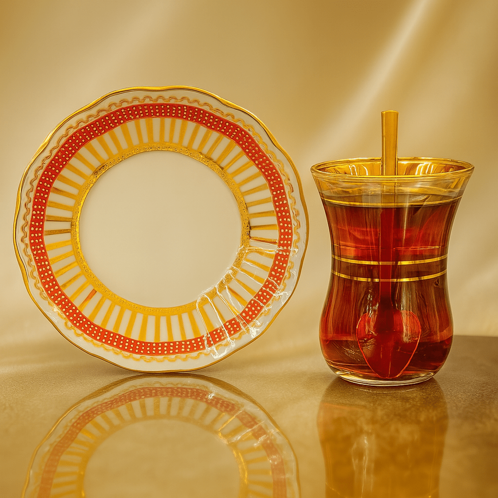 6 kişilik porselen çay tabaklı çay bardağı takımı - kırmızı puanlı Gold | Luxury Turkish Tea Set - | DUKKANI ISTANBUL