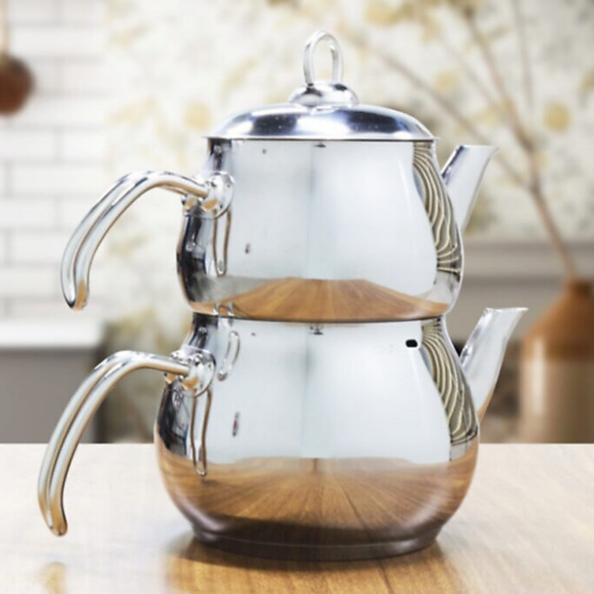 Çelik Saplı Midi Boy Çift Kapaklı Çaydanlık – 1.15L | Paslanmaz, Süzgeçli, Modern Tasarım