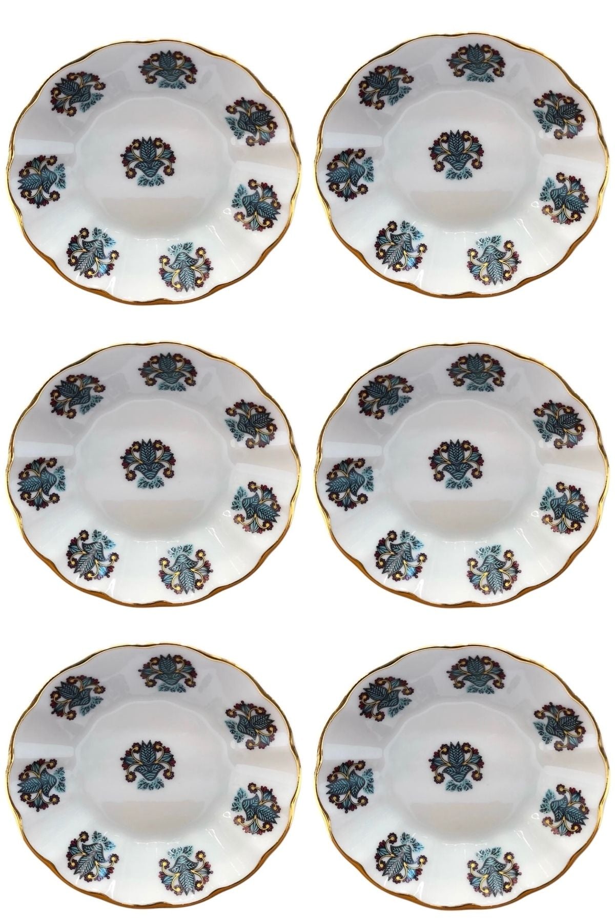6’lı Yeşil Acem Desenli Çay Tabağı Seti – Altın Yaldızlı El İşlemeli | Luxury Turkish Tea Set - Tabak | DUKKANI ISTANBUL