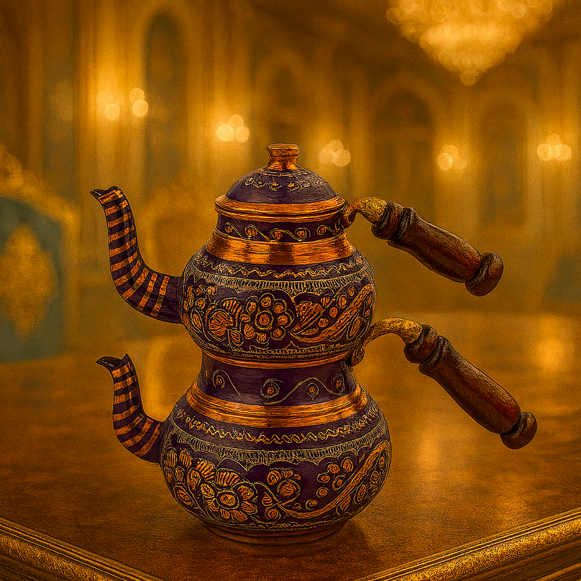 طقم إبريق شاي من النحاس المطلي يدويًا من إرزينجان باللون الأزرق