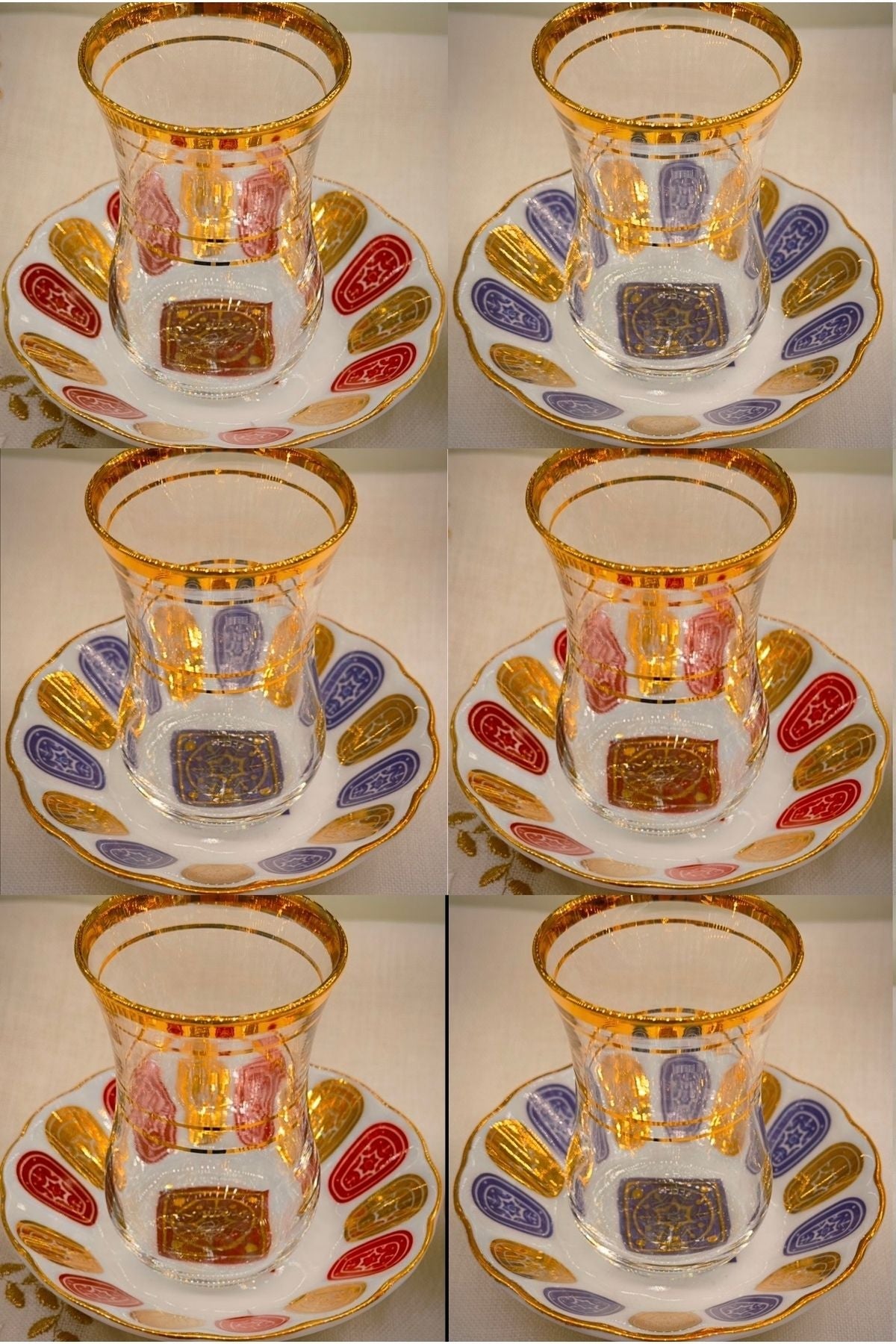 Acem Lux Mix 6 Kişilik Altın Yaldızlı 18 Parça Karışık Desenli Çay Seti | Luxury Turkish Tea Set - Bardak | DUKKANI ISTANBUL