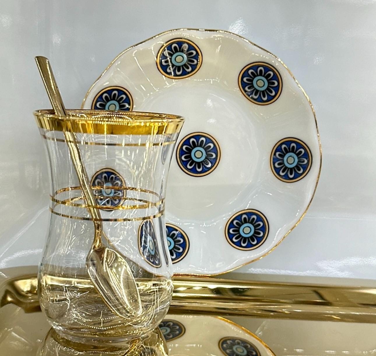Altın Renkli Yuvarlak Desenli Türk Çay Bardağı Takımı | Luxury Turkish Tea Set - | DUKKANI ISTANBUL