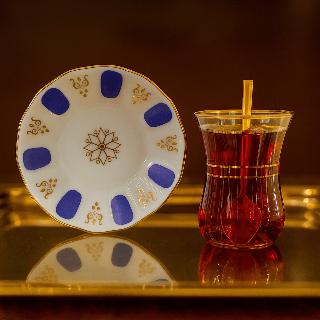 Altın Yaldızlı Acem Mavi 6 Kişilik 18 Parça Lüks Çay Seti | Luxury Turkish Tea Set - Bardak | DUKKANI ISTANBUL