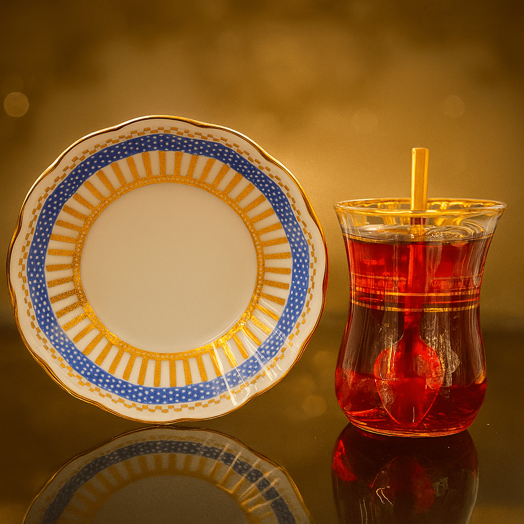 Altın Yaldızlı Mavi Noktalı Çay Bardağı Seti – Kaşıklı 6 Kişilik | Luxury Turkish Tea Set - | DUKKANI ISTANBUL
