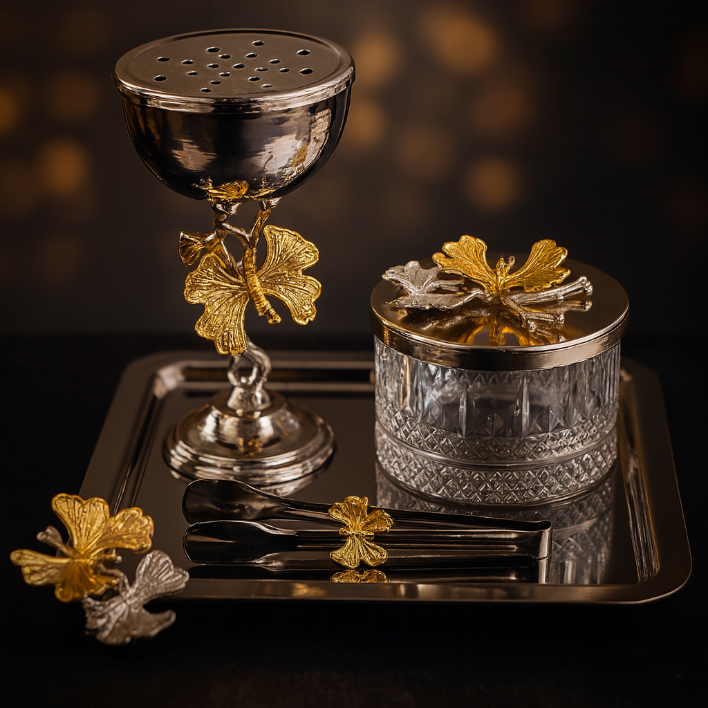 Kelebekli Buhurdanlık Takımı Tepsili Maşalı set Kelebek Gümüş & Gold