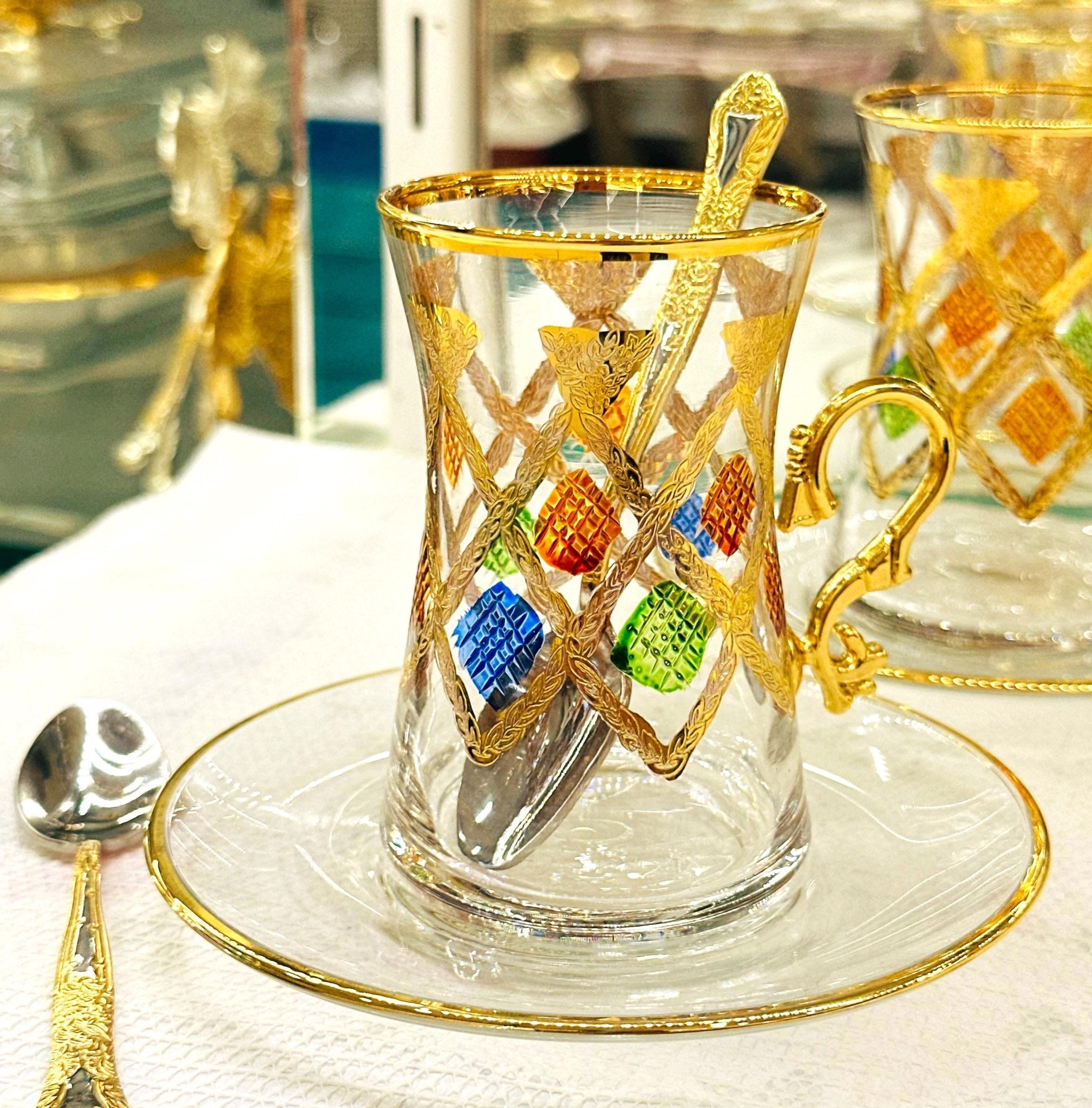 Çay bardağı Seti 6 kişilik Pantograph yaz esintisi kulplu | Luxury Turkish Tea Set - | DUKKANI ISTANBUL