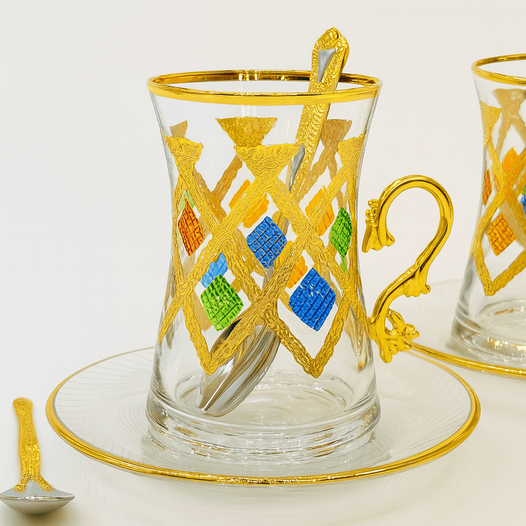 Çay bardağı Seti 6 kişilik Pantograph yaz esintisi kulplu | Luxury Turkish Tea Set - | DUKKANI ISTANBUL