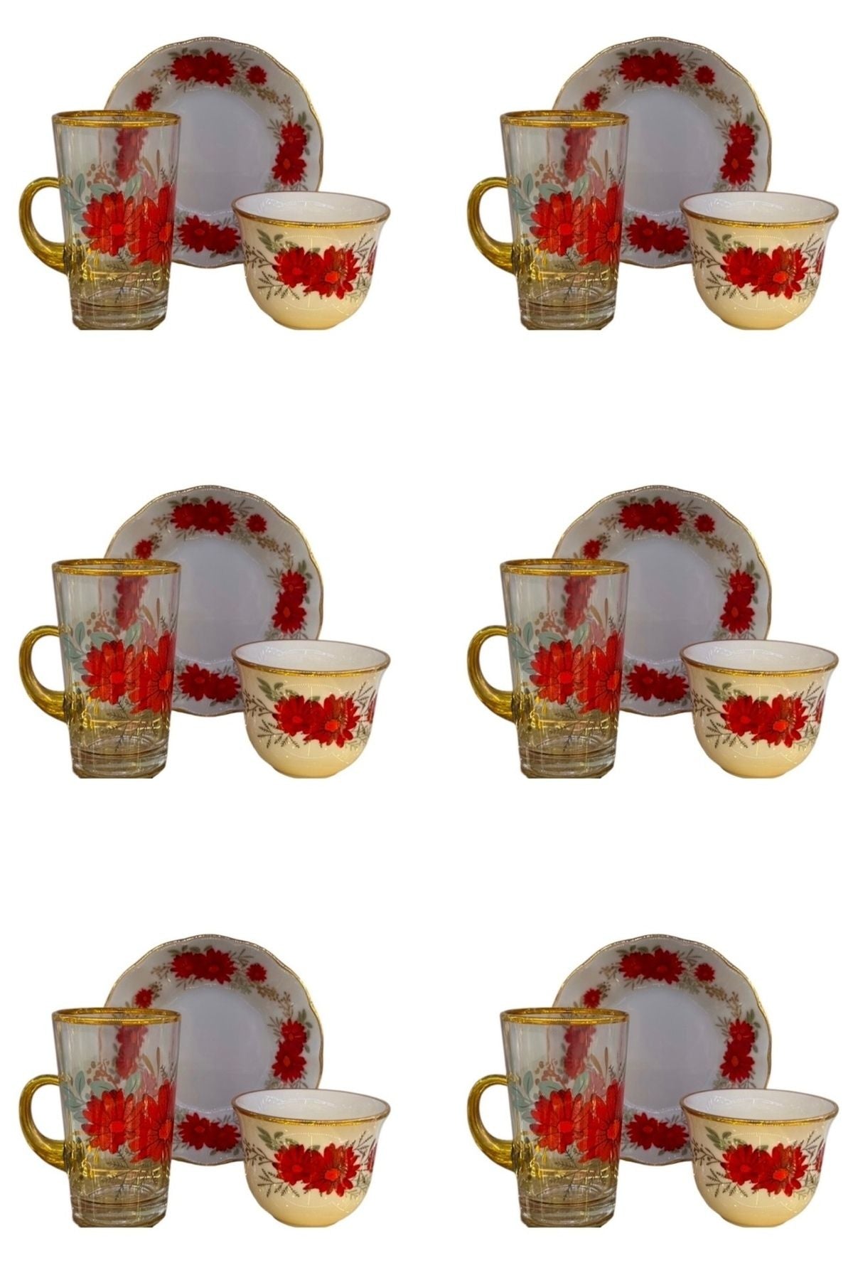 Çay Bardağı Seti Porselen Altın Yaldızlı vintage 18 Parça Kırmızı Papatya | Luxury Turkish Tea Set - Bardak | DUKKANI ISTANBUL