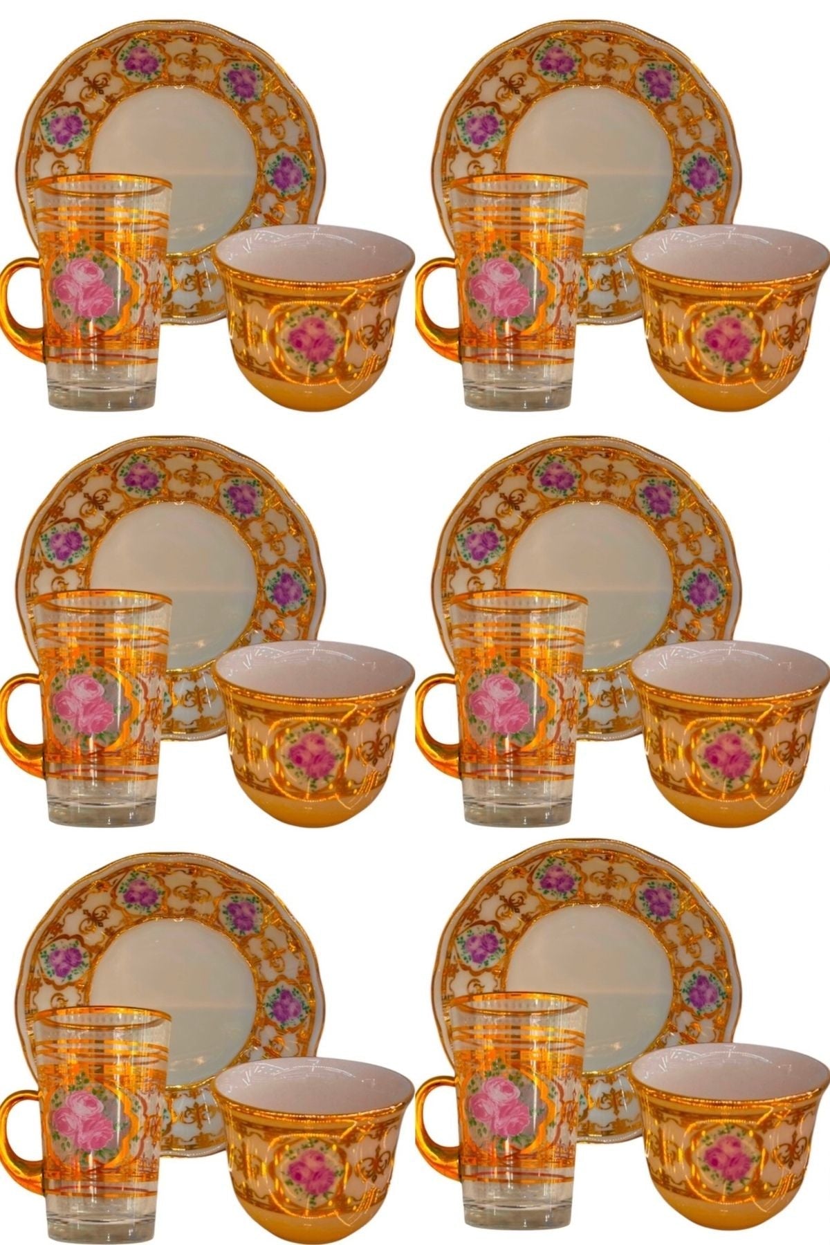 Çay Bardağı ve Fincan Seti 18 parça Gül Bahçesi | Luxury Turkish Tea Set - Bardak | DUKKANI ISTANBUL