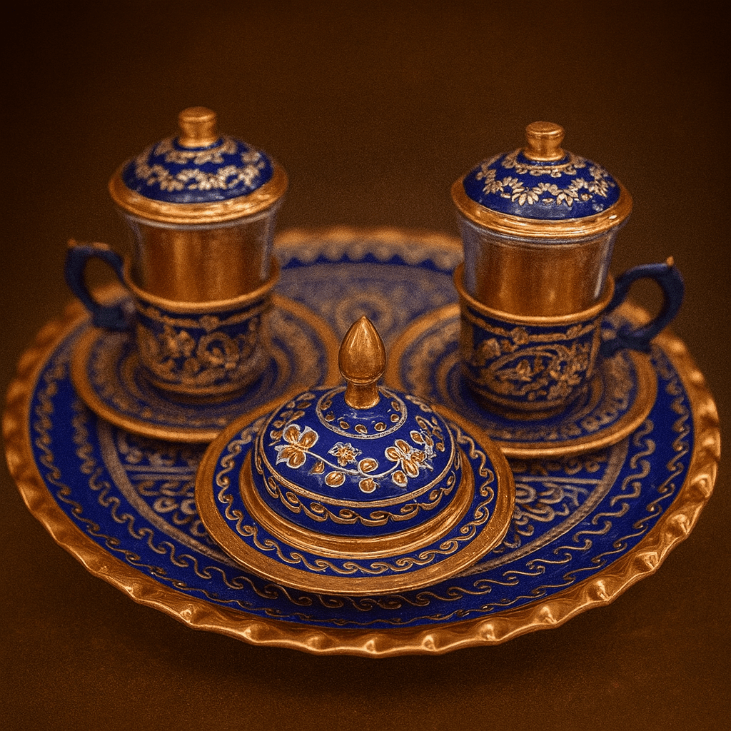 El Yapımı Bakır Türk Çay Bardağı Takımı 2 kişilik tepsili set – Zarif Mavi Tasarım | Luxury Turkish Tea Set - | DUKKANI ISTANBUL