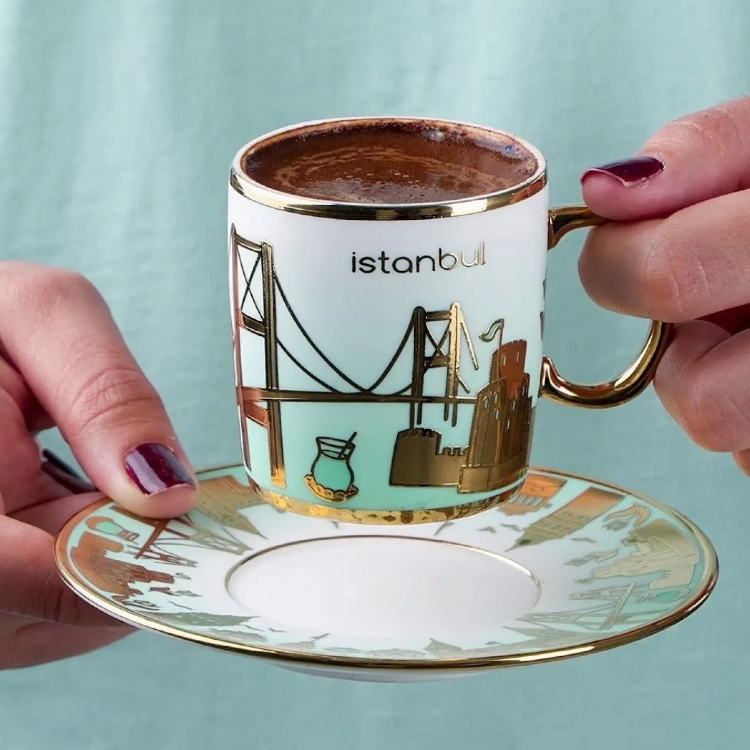 Istanbul Patterned Gold Gilded Coffee Cup Set for 6 People