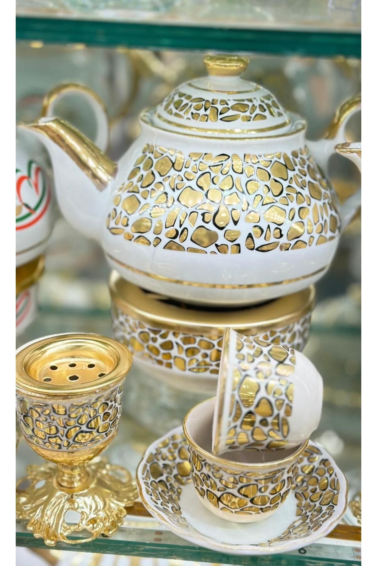 Kaplan Desenli Altın Yaldızlı El İşlemeli Tam Takım Çay ve Mırra Seti – 6 Kişilik | Luxury Turkish Tea Set - Kahvaltı Takımı | DUKKANI ISTANBUL