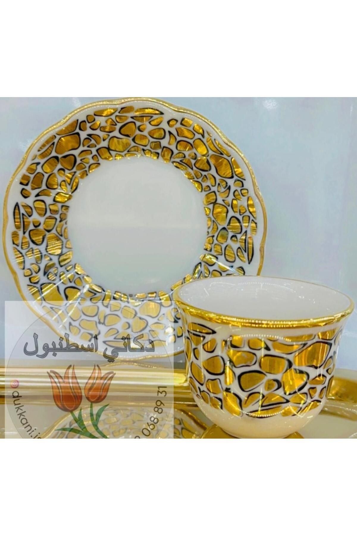 Kaplan Desenli Mırra Fincan Takımı 12 Parça – 6 Kişilik Altın Yaldızlı Arap Kahvesi Seti | Luxury Turkish Tea Set - Tabak | DUKKANI ISTANBUL