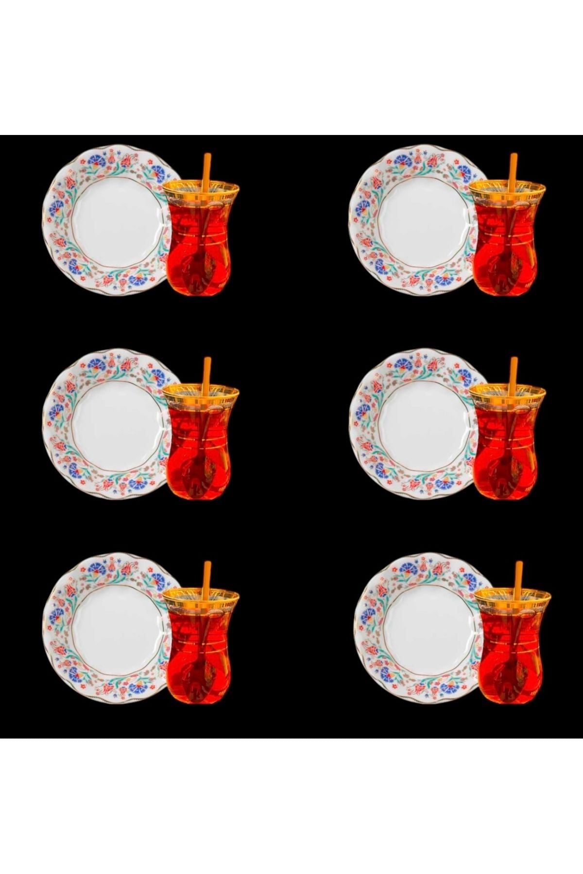 Karışık Lale Desenli Altın Yaldızlı 6 Kişilik Çay Seti – Gold Kaşıklı Özel Seri | Luxury Turkish Tea Set - Bardak | DUKKANI ISTANBUL