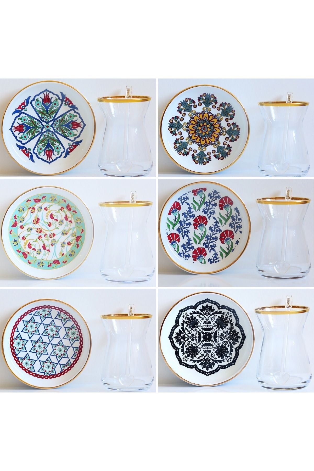 Karışık Osmanlı – Ela Mix 18 Parça Çay Seti (6 Farklı Desen, Altın Yaldızlı Bardak & Kaşık) | Luxury Turkish Tea Set - Bardak | DUKKANI ISTANBUL