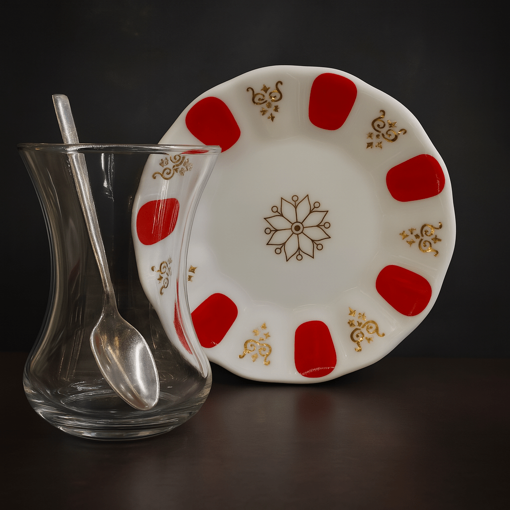 Kırmızı Acem Desenli 18 Parça Çay Seti – 6 Kişilik Bardak, Tabak ve Gümüş Renk Kaşıklı | Luxury Turkish Tea Set - Bardak | DUKKANI ISTANBUL